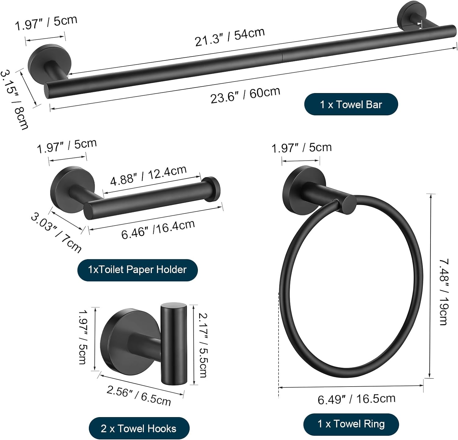 TURS Matte Black Bathroom Hardware Set 5 Piece, SUS304 Stainless Steel Bath Towel Bar Set, 24 Inch Bathroom Accessories Kit Wall Mounted image number 3