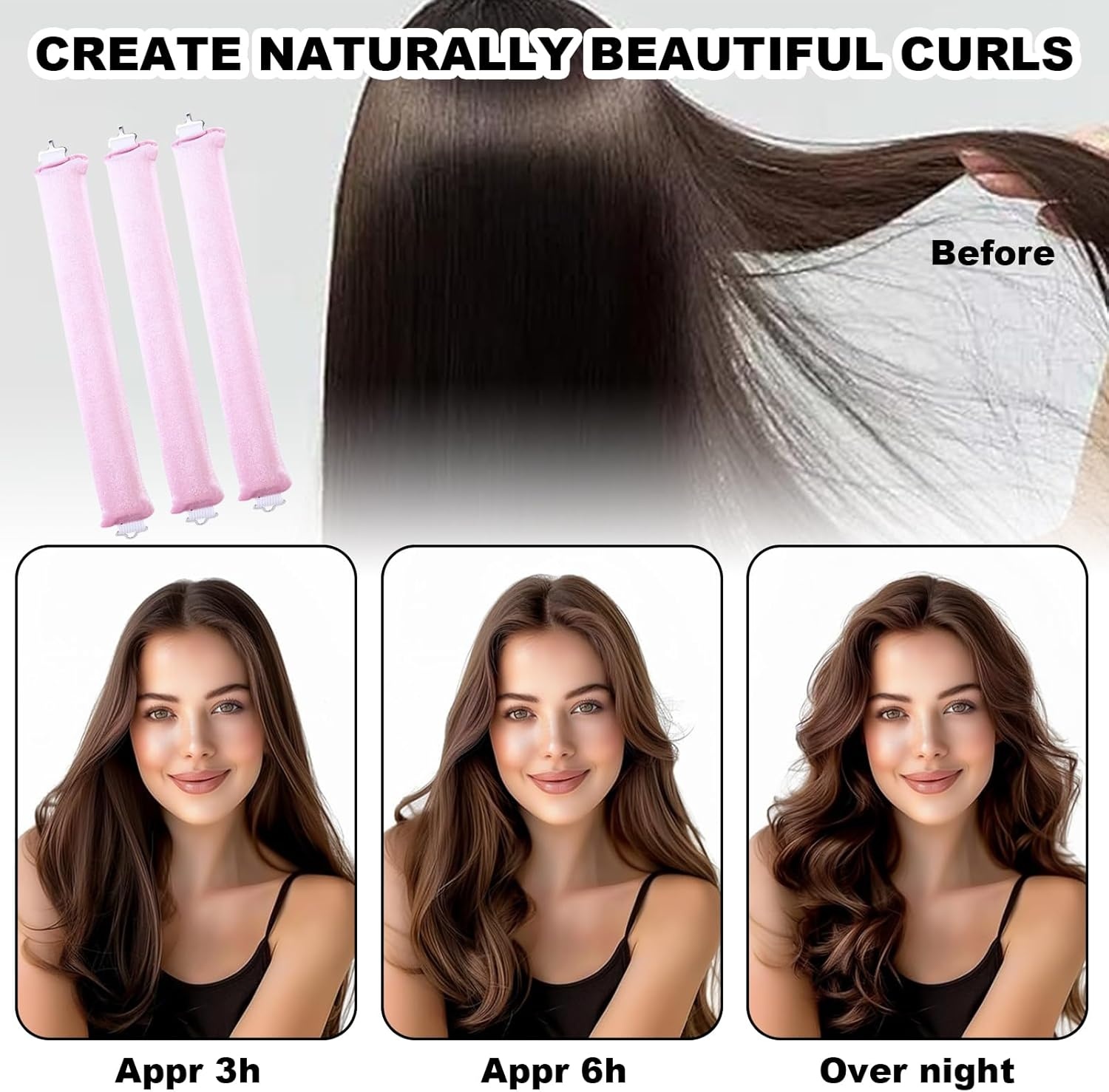 Pack of 3 Heatless Curls, Flexi Rods with Hooks, Overnight, for Different Hair Types, Long and Short Hair (Pink, M) image number 3