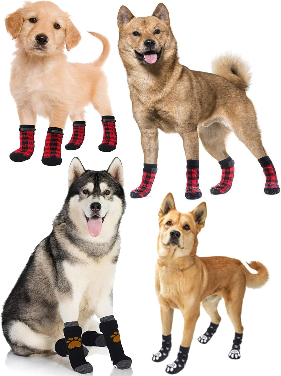 12 PCS Anti-Slip Paw Protectors Dog Socks, 3 Pairs Double Side Soft Non-Slip with Adjustable Straps, 3 Patterns Christmas Dog Socks, Traction Control Socks for Indoor Hardwood Floor Wear for Dogs (L) image number 4