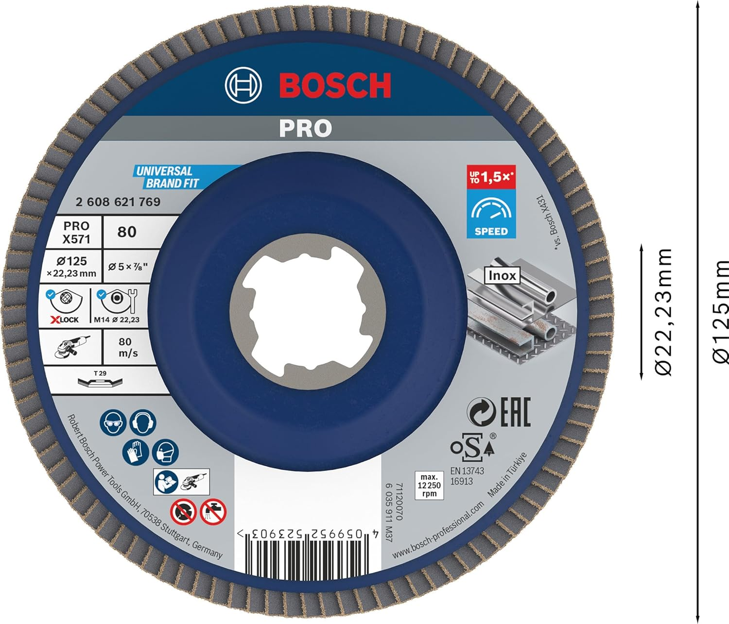 Bosch 1X PRO X571 Flap Disc, Angled Version, X-Lock (For Steel, Stainless Steel, &Oslash; 125 Mm, Grit 80, Professional Accessory Small Angle Grinder) image number 4