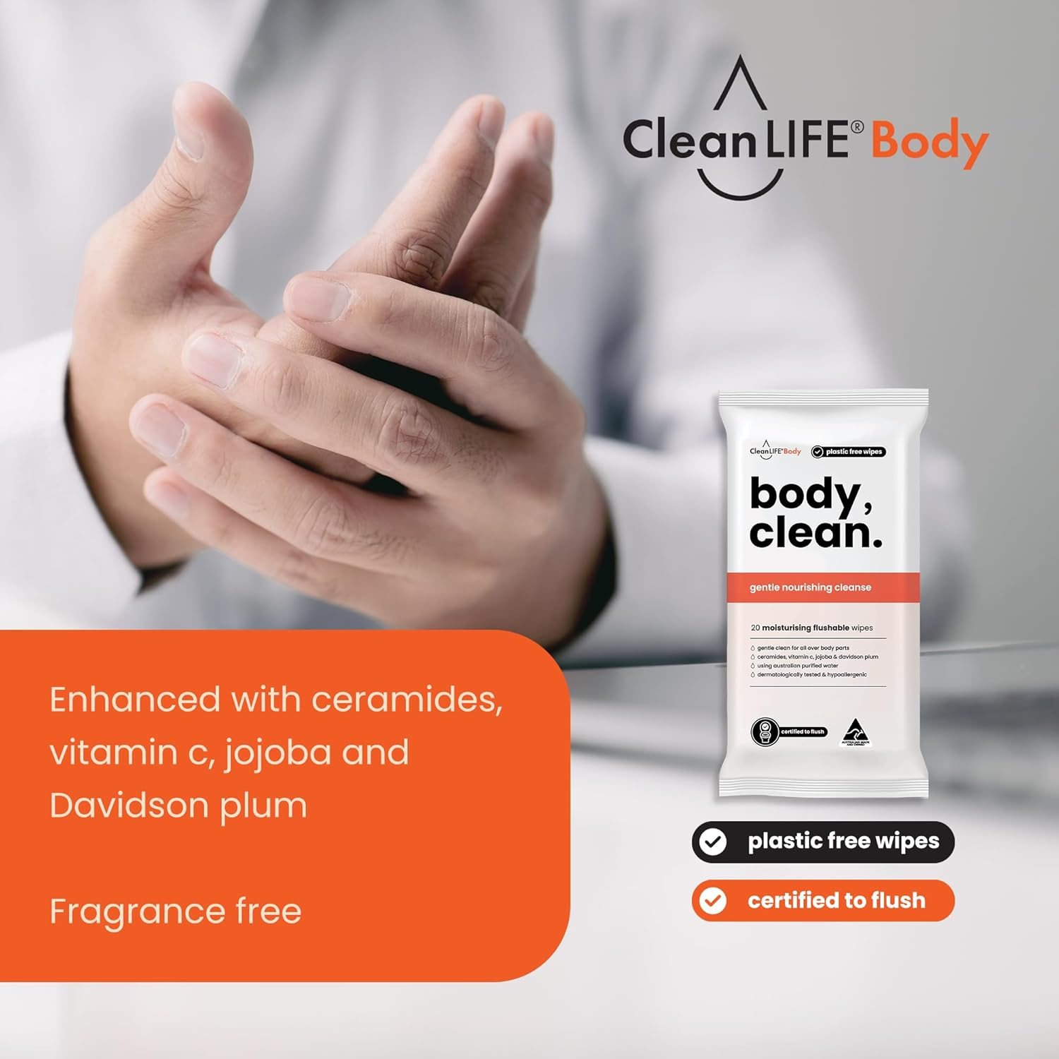 Cleanlife Flushable Body Wipes &ndash; No Rinse Shower Wipes for Adults, Plant-Based Fibre, Fragrance Free, Ceramides & Vitamin C, Skin Nourishing Towelettes, 20 Wipes, 12 Packs image number 6