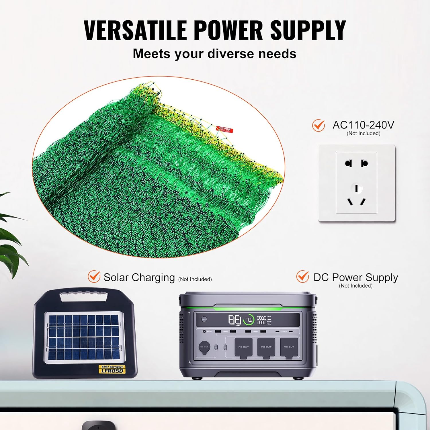 VEVOR Electric Fence Netting, 0.88 X 49.98 M, PE Net Fencing with Posts & Double-Spiked Stakes, Utility Portable Mesh for Goats, Sheep, Lambs, Deer, Hogs, Dogs, Used in Backyards, Farms, and Ranches