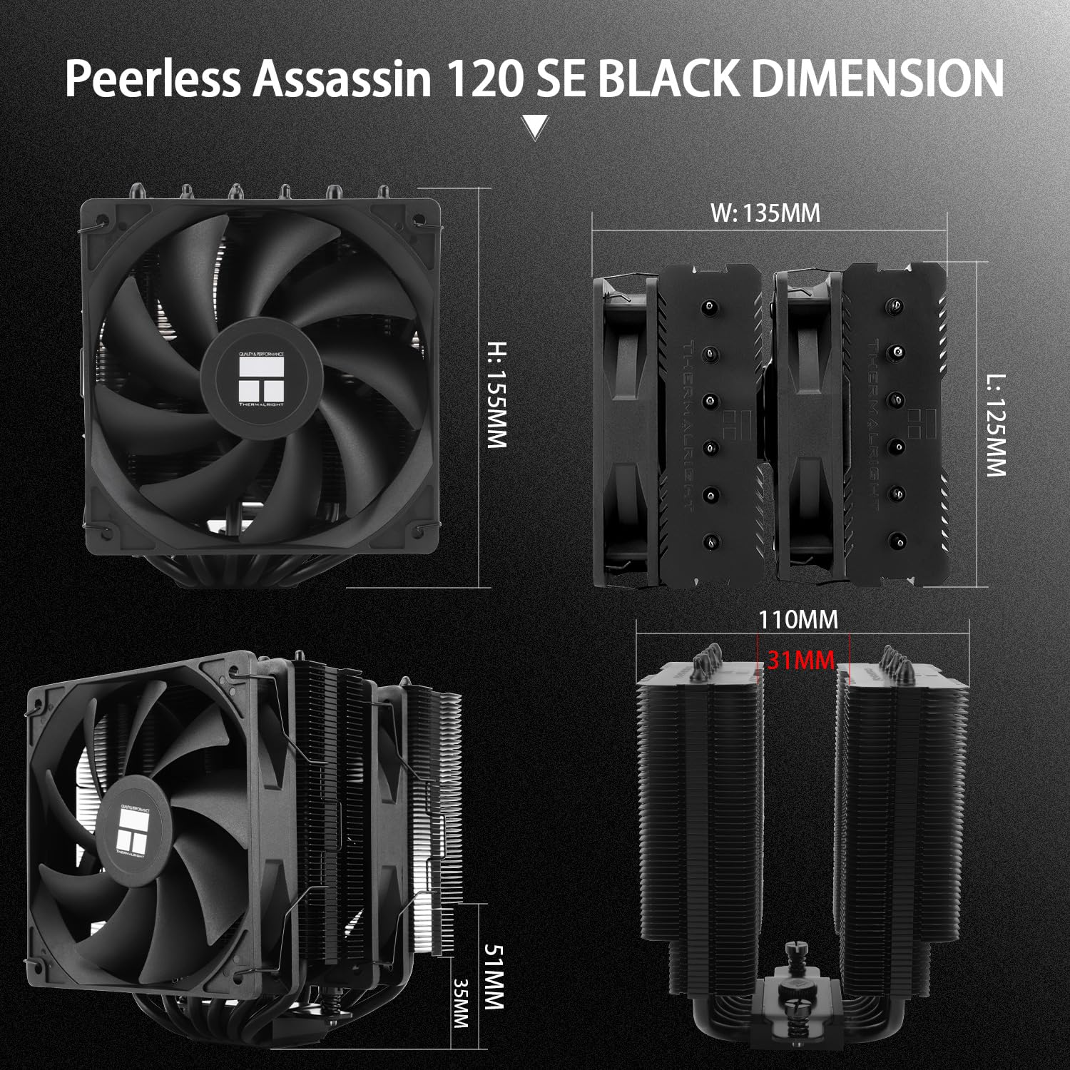 Thermalright Peerless Assassin 120 SE Black CPU Cooler, 6 Heat Pipes Heatsink Cooler, Dual 120Mm PWM Fans, 1550RPM Speed, for AM4/AM5 and Intel LGA 1700/1851/115X/1200,Computer CPU Cooling image number 4