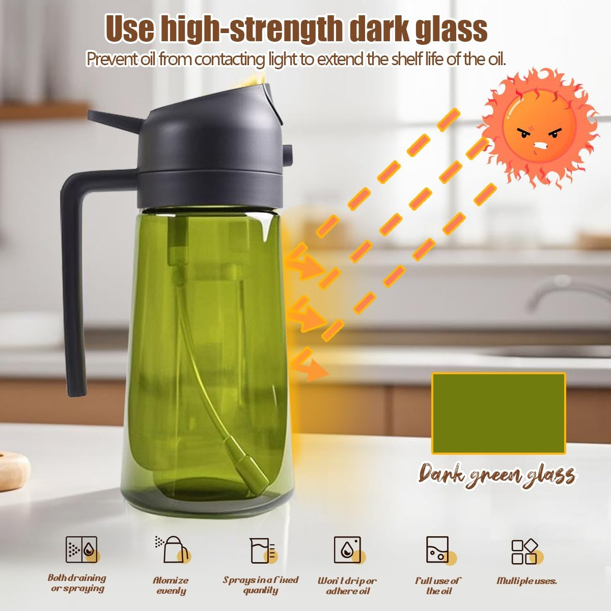 Dark Olive Oil Spray and Pour Bottle, 16Oz/470Ml, Glass, Sunlight Protection, Dual-Purpose Design, Leak-Proof Sealing, Cooking, Outdoor Activities image number 6