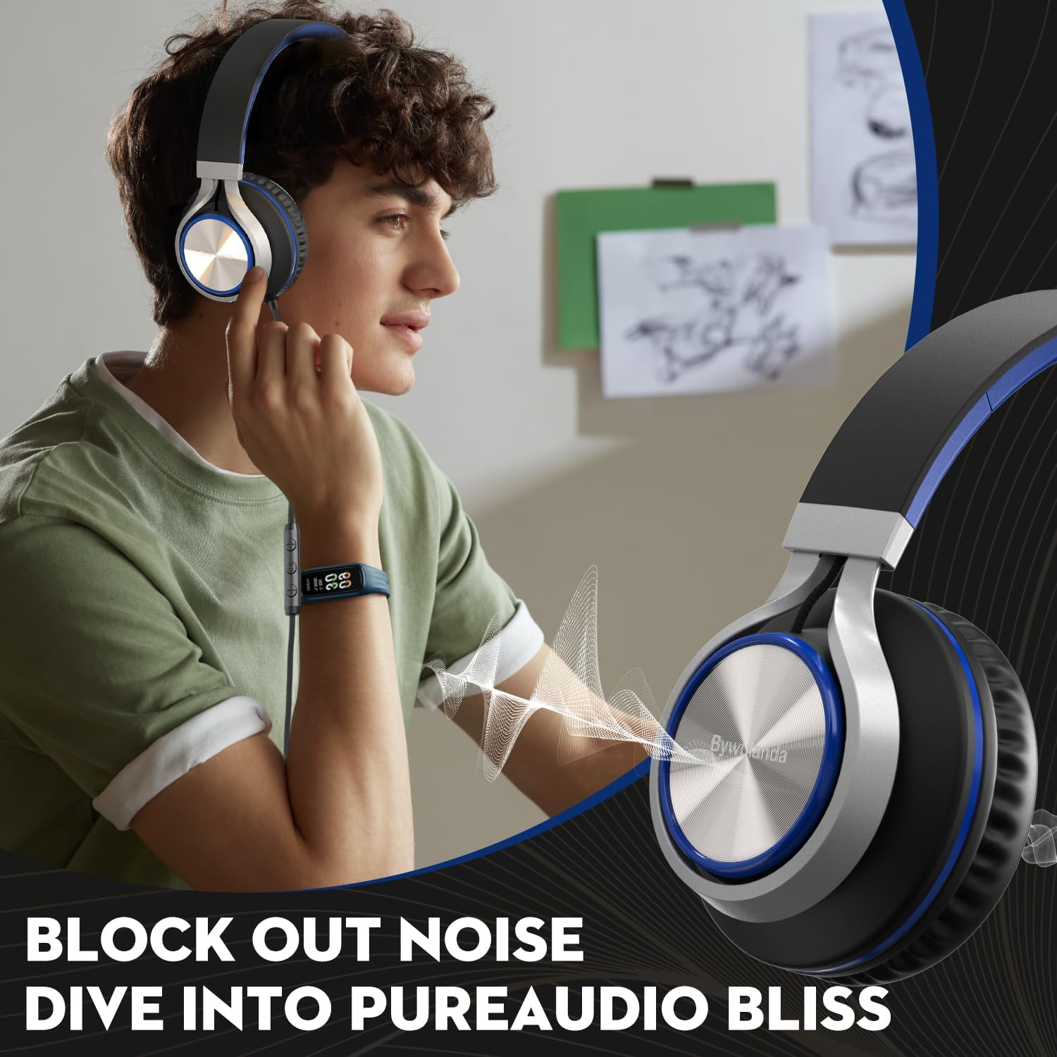 Bywulanda USB C Headphones with Mic and Volume Control, over Ear Stereo Headsets for Iphone 15 16 Pro, Wired Foldable Headphones for Smartphones Chromebook Laptop Tablets Travel (Black/Blue) image number 2