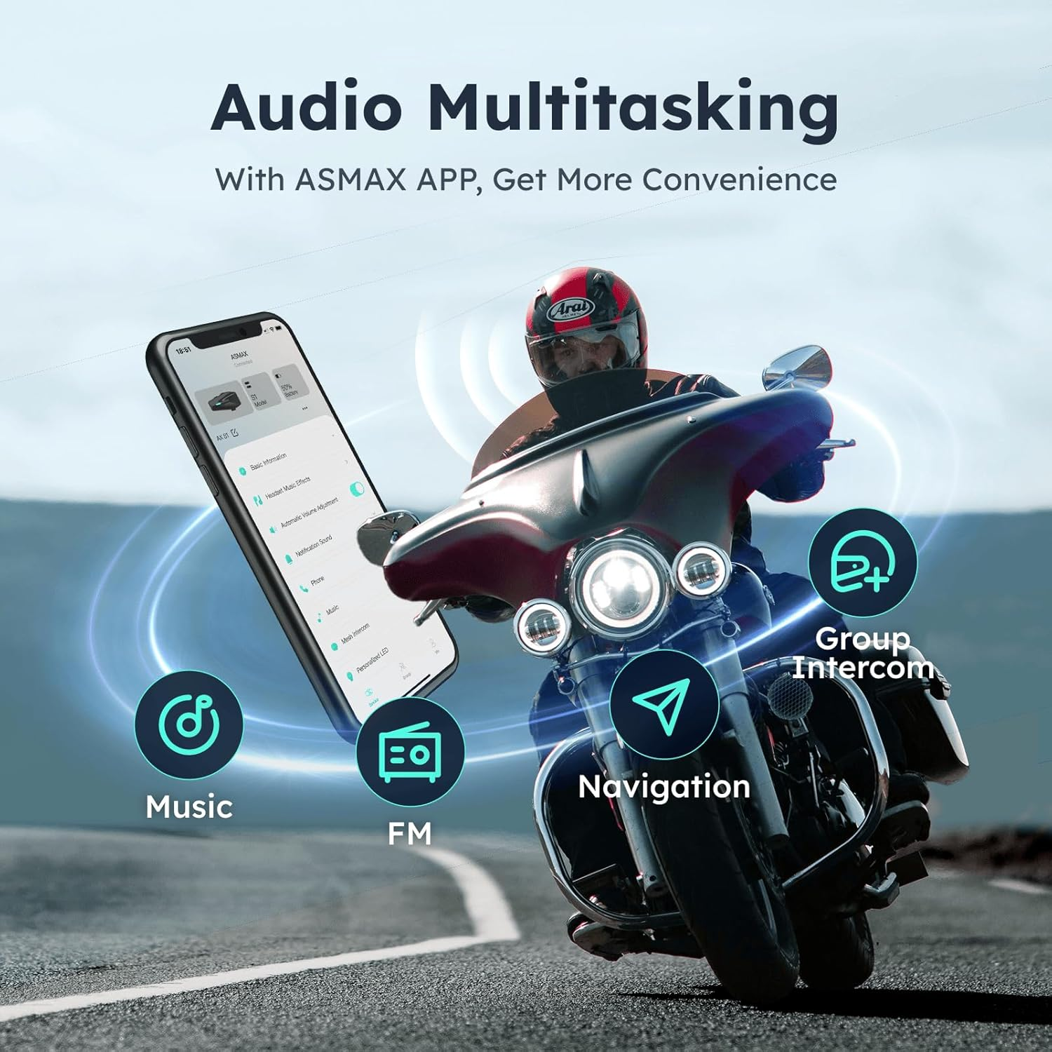 ASMAX S1 Motorcycle Bluetooth Headset, 8 Riders Mesh Helmet Communication Systems with FM Radio, AI Voice Control Motorcycle Intercom with Fast Charging, Auto Volume Control for Atv/Snowmobile/Ski