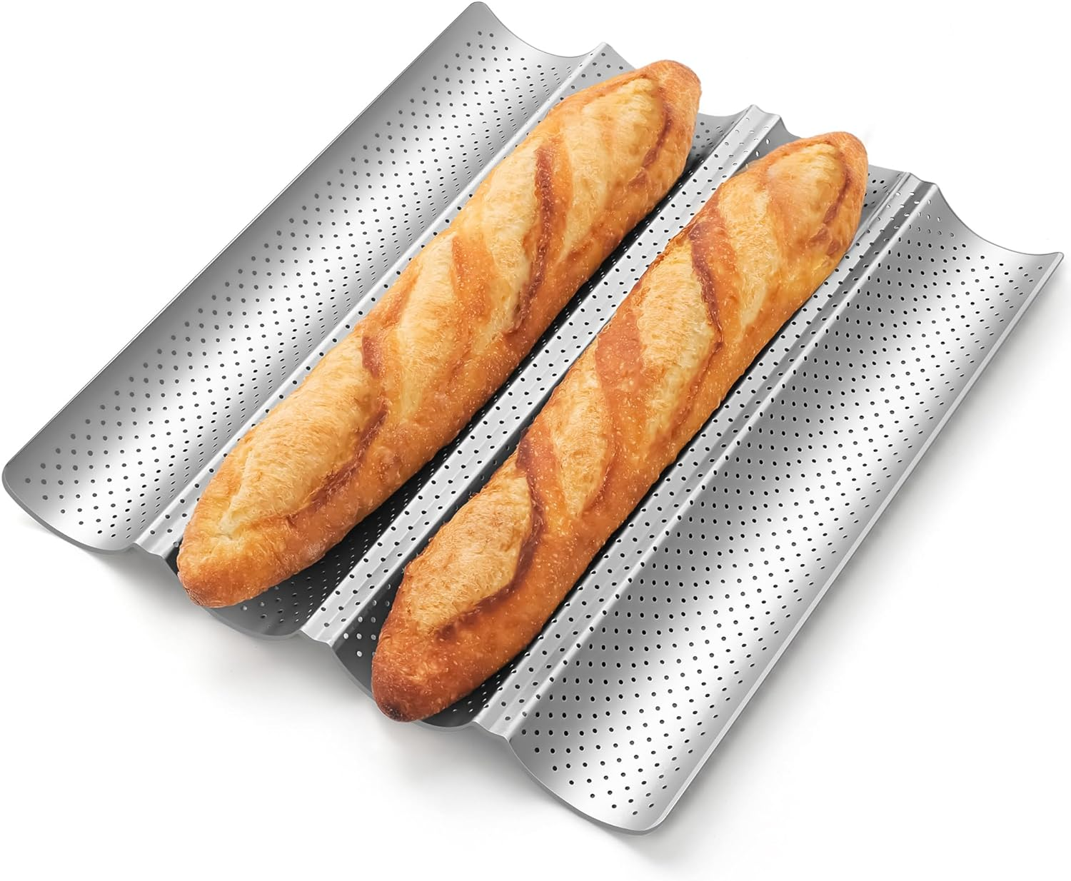 Pavsrmy Baguette Bread Pan, Premium Nonstick Perforated Baguette Pan for French Bread Baking, 4 Loaves Baguette Baking Tray for Sourdough, Italian Bread, Perfect for Creating Crisp Golden-Brown Crust image number 3