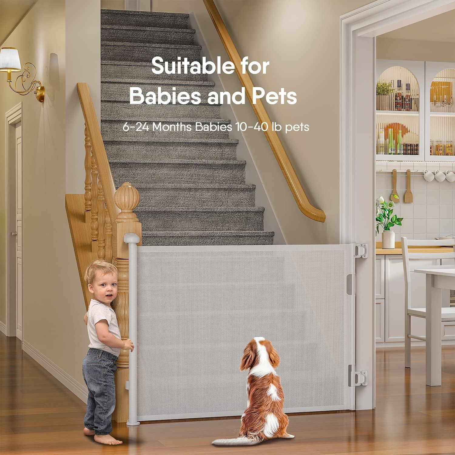 Retractable Baby Gate for Stairs, 33" Tall Expands 70" Wide Ideal Safety Solution Dog Gate for Stairs Doorways Hallways Indoor/Outdoor Mesh Baby Gate Retractable Screen Door(White,86Cmx180Cm)