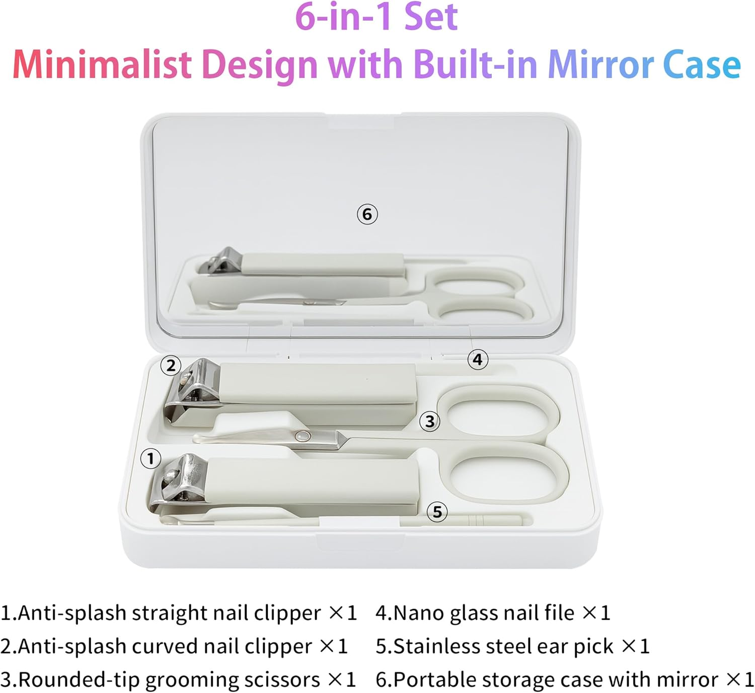 Sun&Beam Nails Nail Clippers Glass Nail File Scissors Mirror Ear Pick 6-Pcs Set Nail Care Set for Hands and Feet Anti-Splash Anti-Slip Portable with Storage Box White image number 1