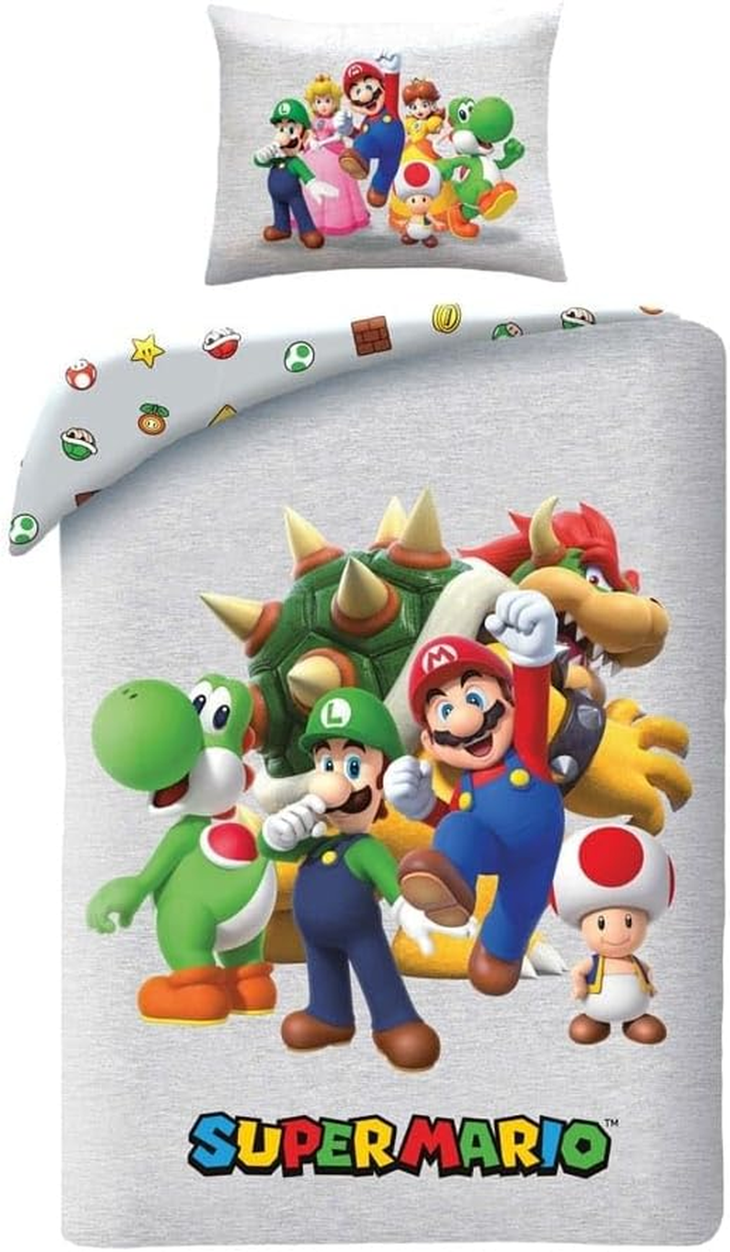Halantex Super Mario Reversible Duvet Cover 140 X 200 Cm and Pillowcase Polyester with Mario, Luigi, Toad, Peach, Wario and Yoshi