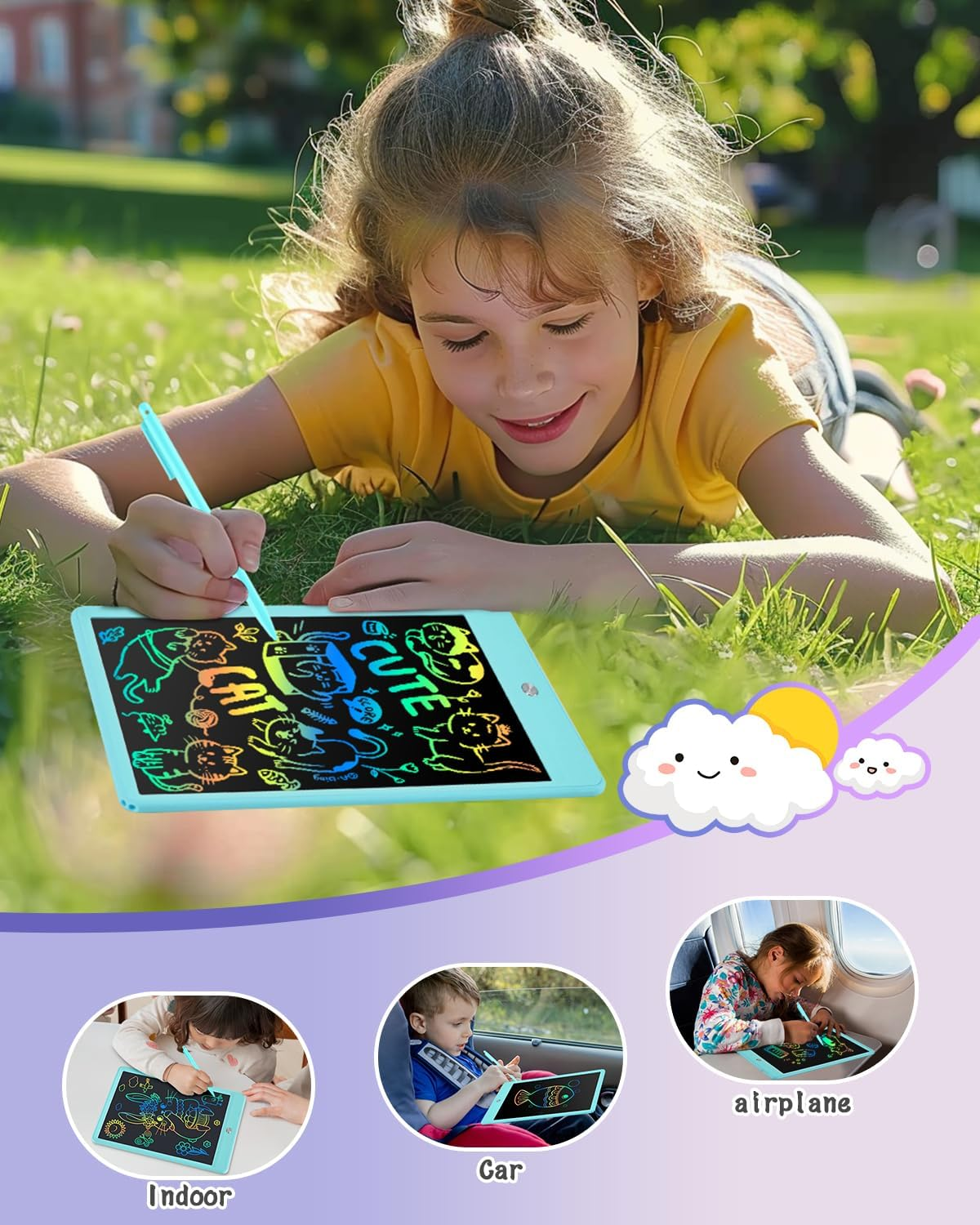 Gifts for Girls Boys, Toddles Colorful Doodle Board Drawing Tablet, 10 Inch Writing Board, Stocking Stuffers Kids Christmas Travel Gifts for Kids Age 3-9 Years, Kids Toys Portable in Car Airplane - Blue image number 5