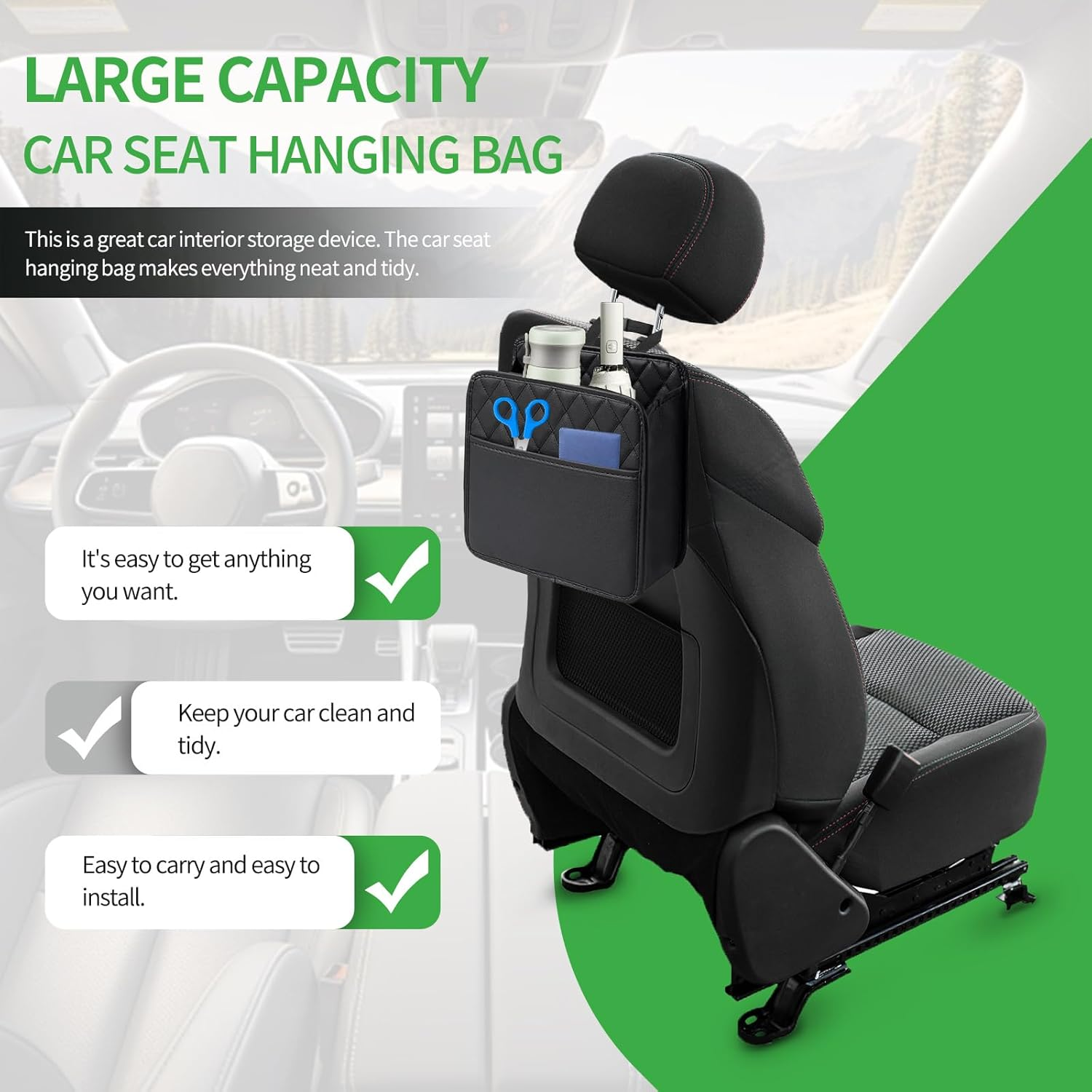 Car Seat Back Organizer, PU Leather Car Seat Storage, Hanging Back of Seat Car Organizer, Car Seat Organizer for Most Vehicles (Black) image number 6