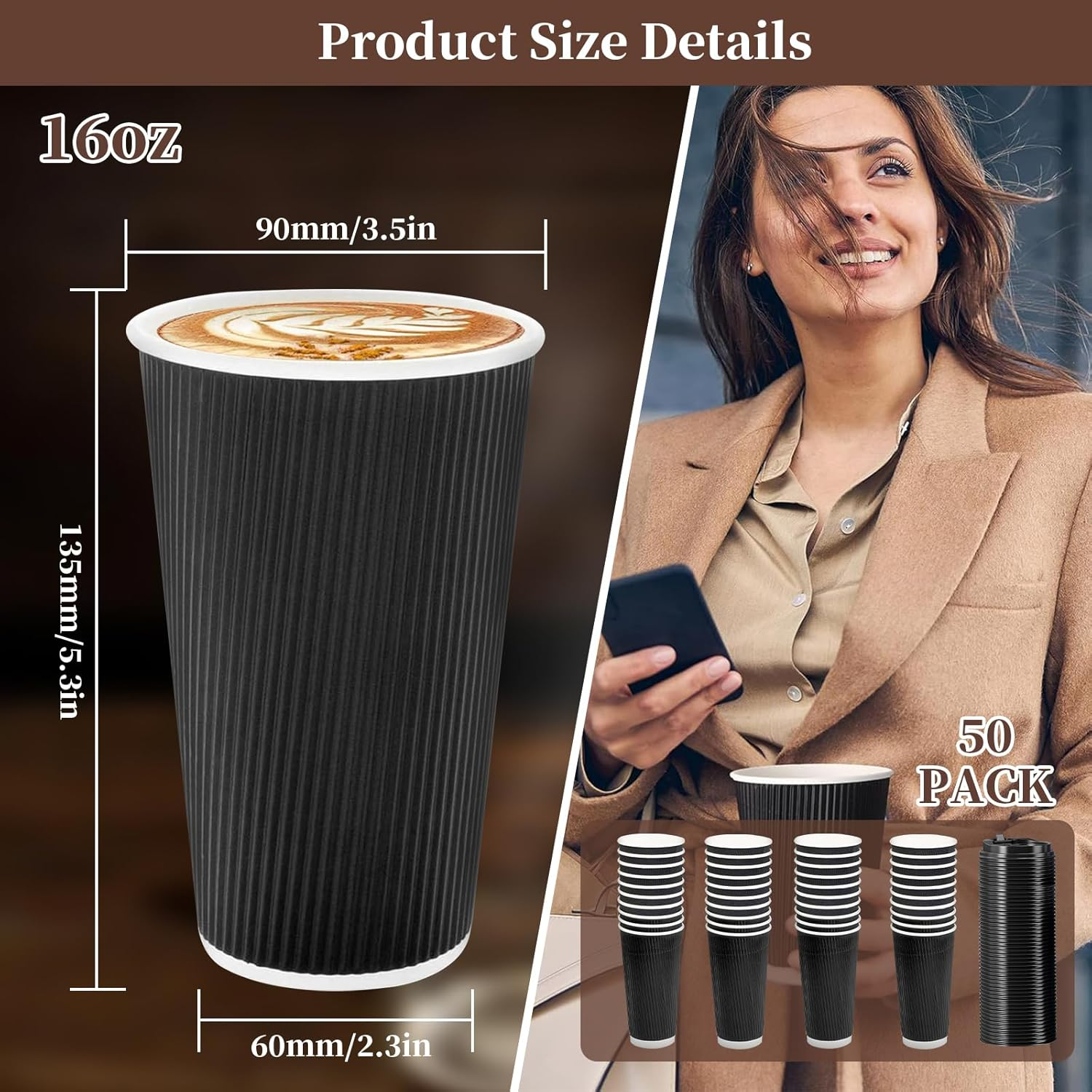 COHGUDA 50 PCS Disposable Paper Coffee Cups with Lids, 16 Oz Insulated Paper Cups for Hot and Cold Drinks, Corrugated Ripple Wall Cup Suitable for Party Travel (16Oz) image number 3