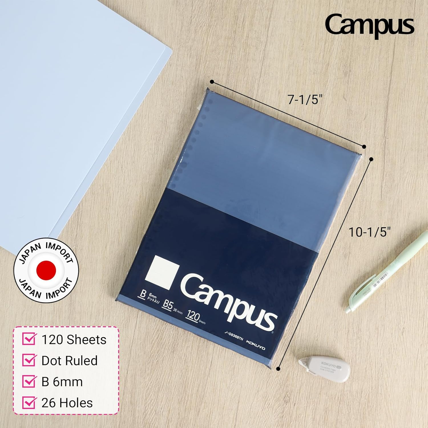 Kokuyo Campus Loose Leaf Paper for Binders, Business Type, Sarasara Smooth Writing, B5, B 6Mm Dotted Ruled, 26 Holes, 38 Lines, 120 Sheets, Ph Neutral, Bleed Resistant, Japan Import (NO-G836BTN) image number 2