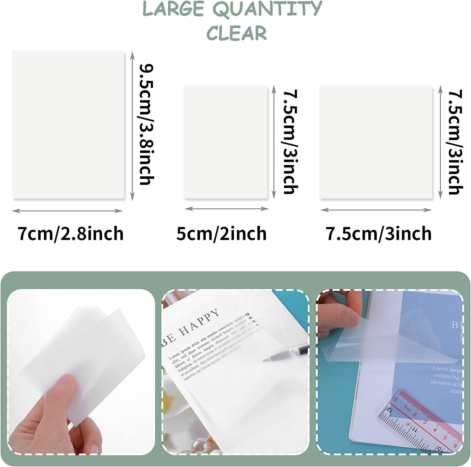 150 Sheets Clear Sticky Note Pads, 3 Sizes Transparent Sticky Notes Pads Set Waterproof Self-Adhesive Translucent Memo Tabs, Books Annotating Message Reminder for School, Office image number 3