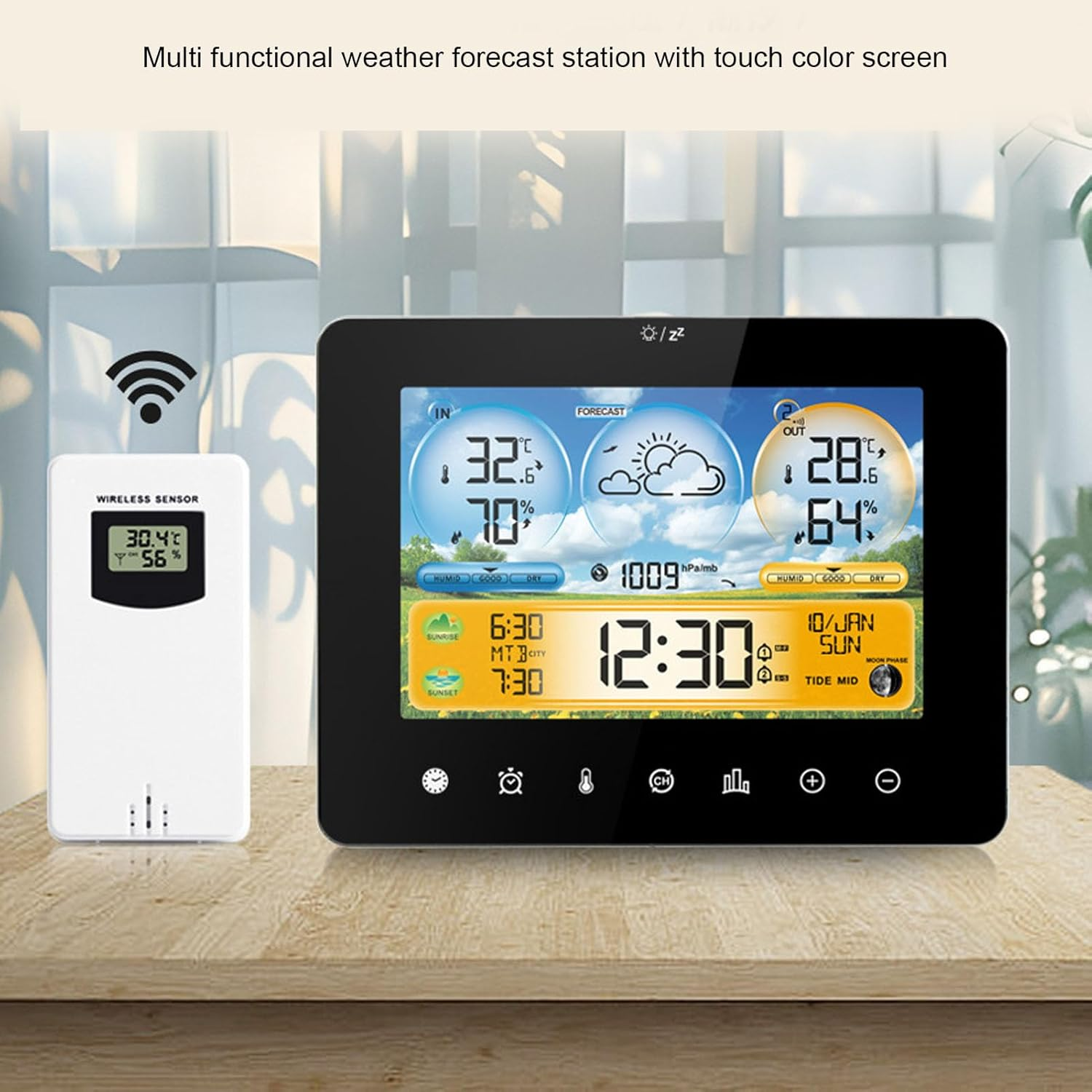 Zerodis Weather Forecast Station Clock,Indoor Outdoor Touch Digital Time RF Sensing Hygrograph Thermometer Humidity Meter Weather Monitor Alarm Clock for Living Room Baby Room Garage image number 2