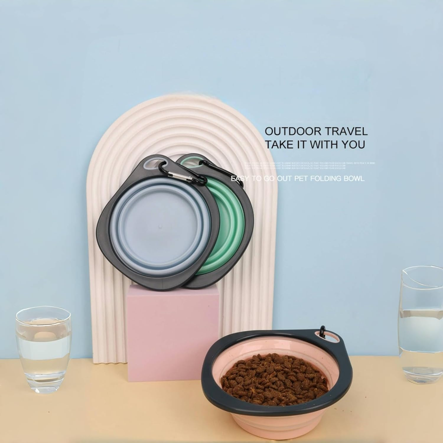 Dog Pet Collapsible Bowls 350Ml, 2 Pack for Cats Dogs, Portable Pets Feeding Watering Dish for Walking Parking Traveling with 2 Carabiners (Pink+Green) image number 2