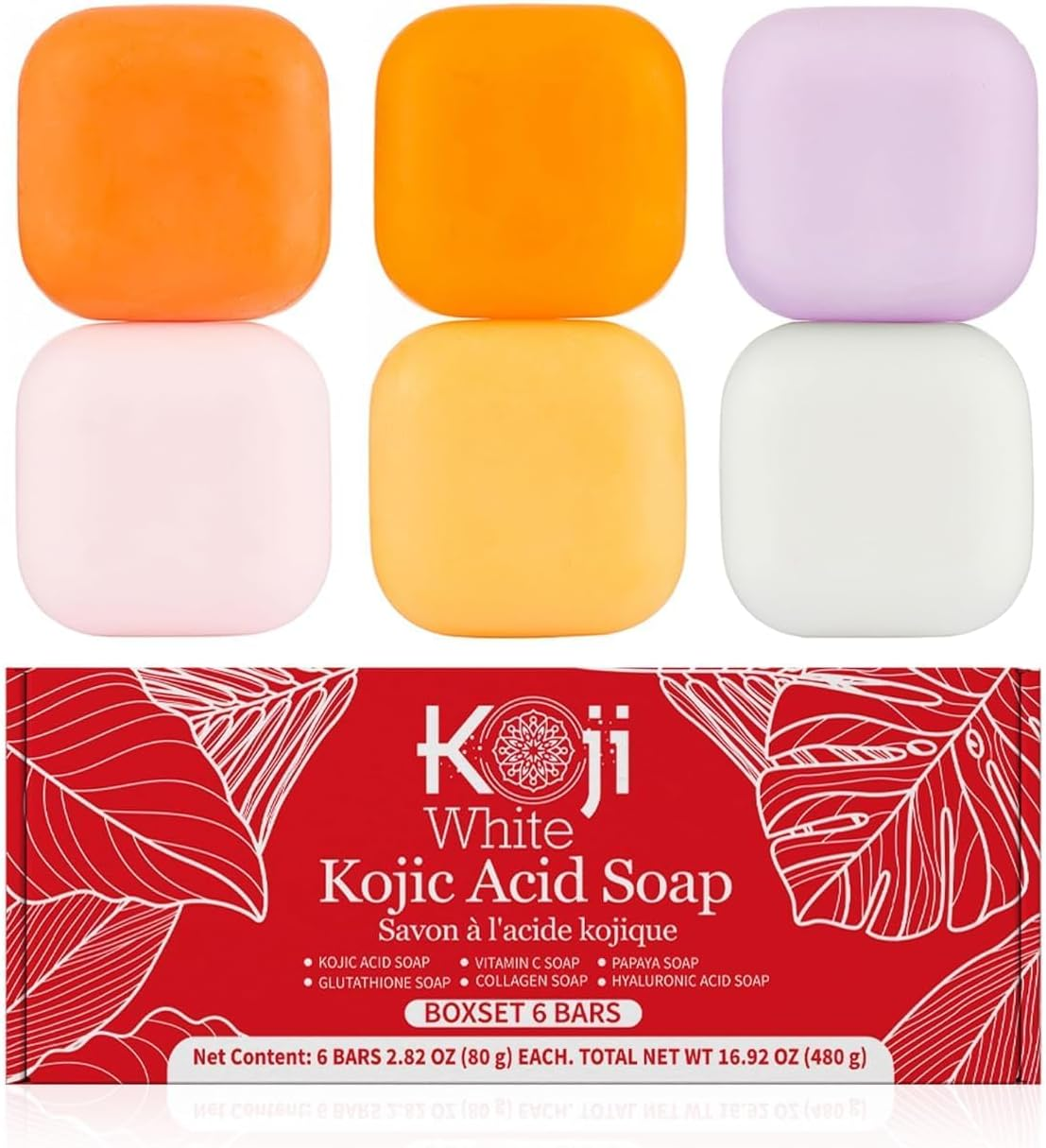 Koji White Kojic Acid Skin Brighten & Glowing Soap, Gift Set for Women with Papaya, Glutathione, Vitamin C, Collagen, Charcoal for Dark Sport, Hydrating Facial & Body, Not Tested on Animals, 2.8 Oz (6 Bars) image number 1