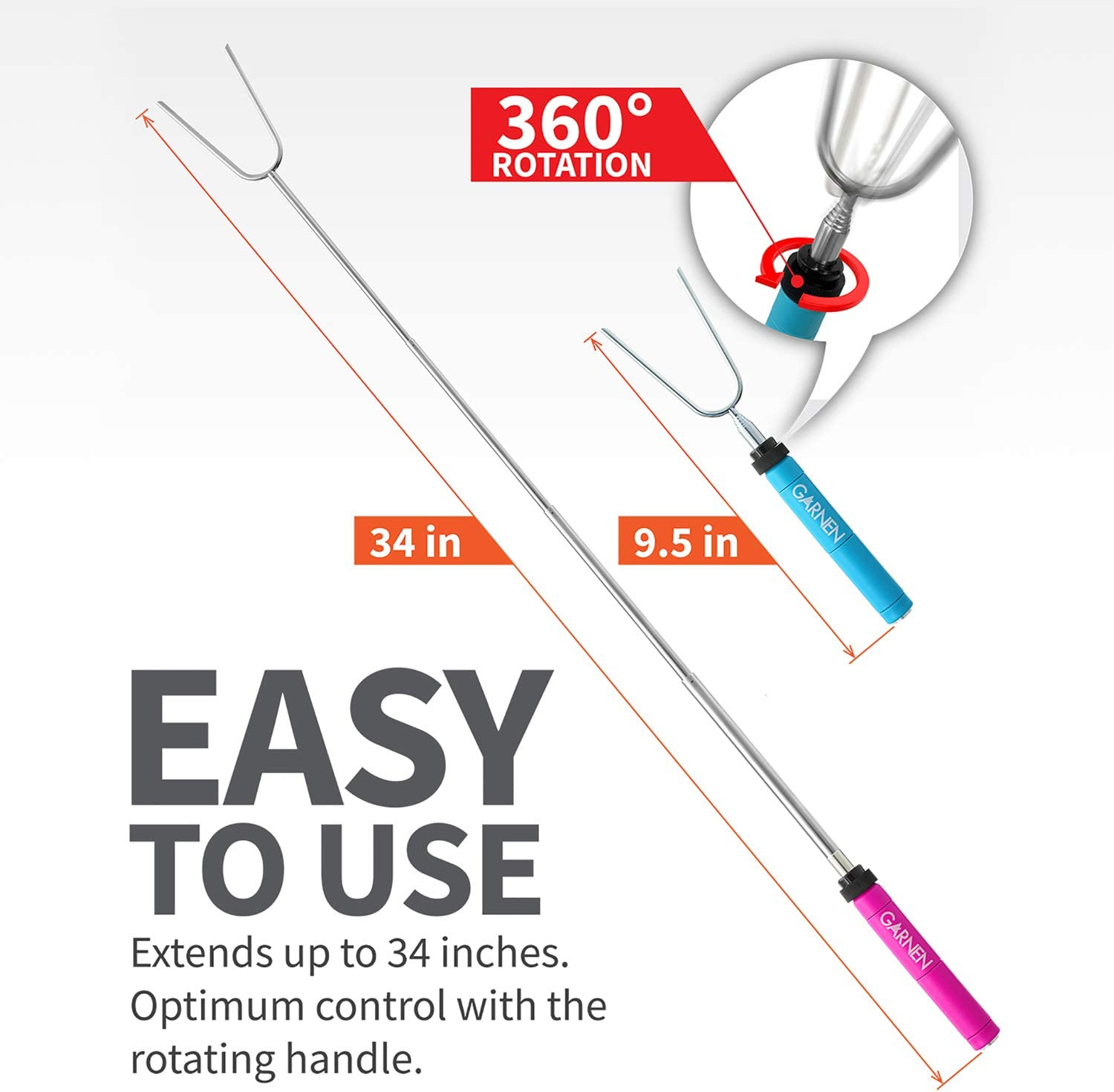 Garnen BBQ Marshmallow Roasting Smores Sticks with Pouch (8 Packs), 34 Inch Extendable Rotating Stainless Steel Skewer Fork with Plastic Handle for Kids Camping Grill Campfire Firepit image number 4