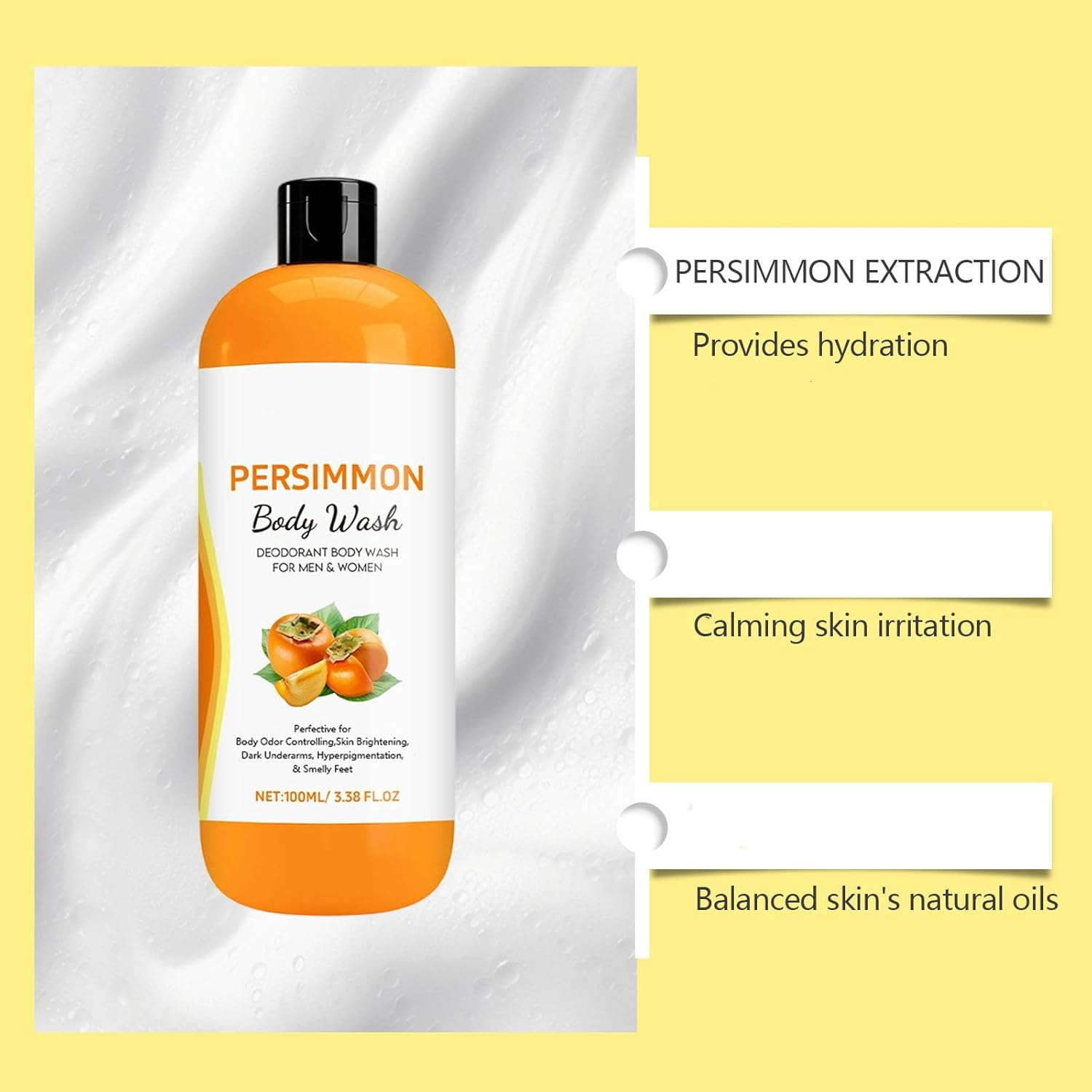 Persimmon Body Wash for Old People Smell, Natural Deodorant for Strong Odor Smell Removing Deeply Cleansing & Moisturizing with Persimmon Green Tea Extraction, Freshen Scent (2Pcs) image number 2