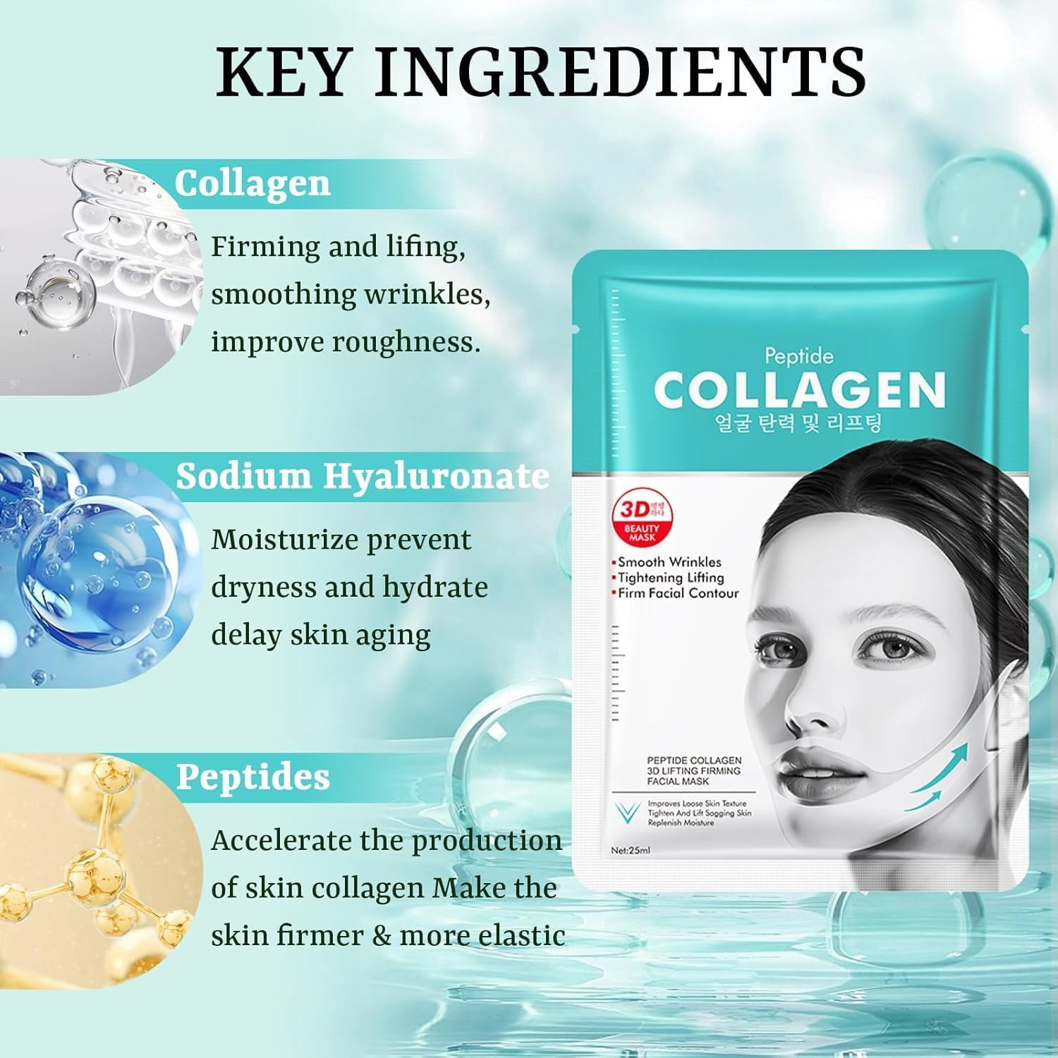 Collagen Face Masks V Line Lifting Mask 5 Pack, Chin Mask Strap for Face and Jawline with Peptides, Deep Hydrating Face Mask for Firming Skin Tightening Sharp Sculpted Contour for All Skin Types image number 4