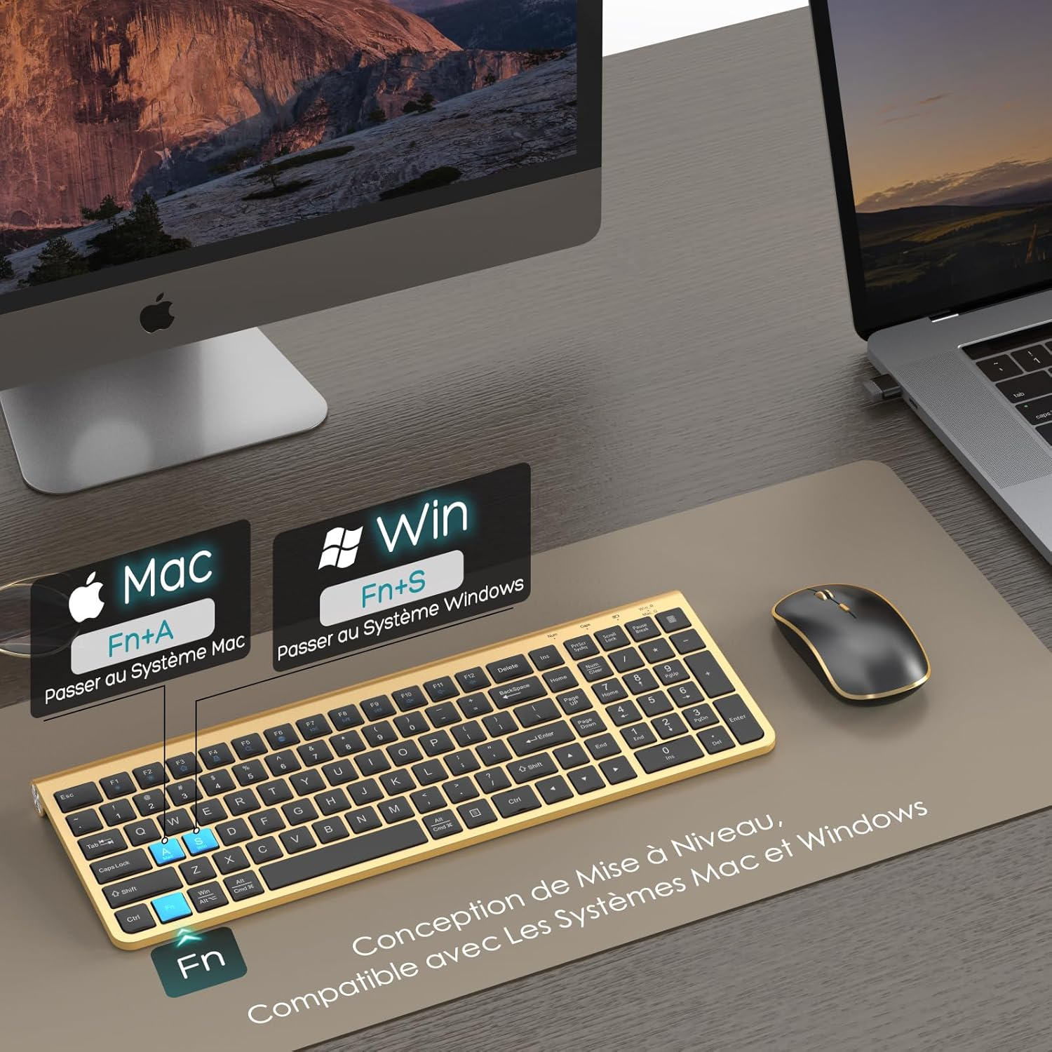 JOYACCESS Black Gold Wireless Keyboard Mouse,Ergonomic Cordless Keyboard with Phone Holder and Wrist Rest, Comfortable and Quiet Wireless Keyboard and Mouse for Laptop,Computer,Pc image number 5