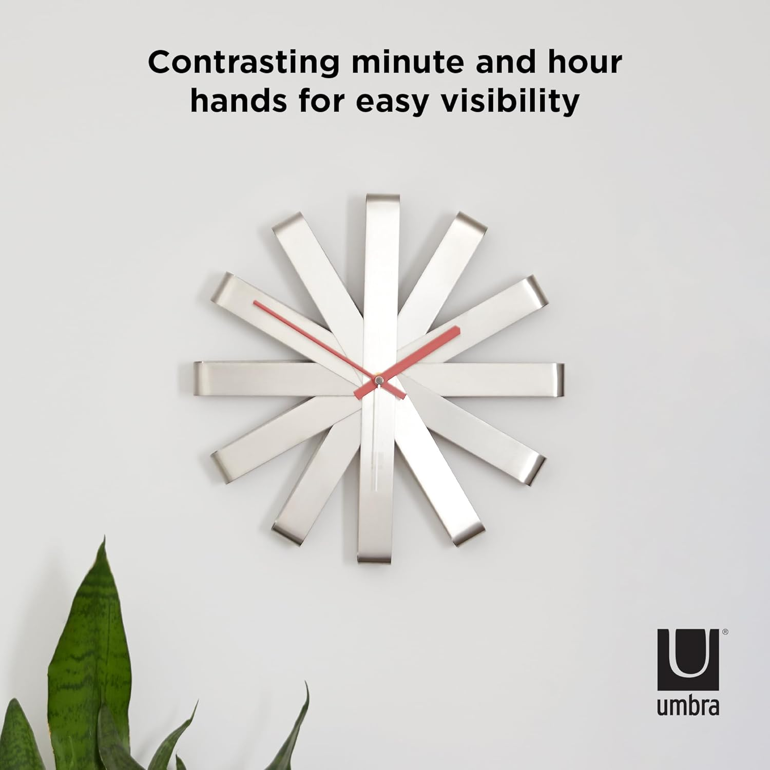 Umbra 118070-590 Stainless Steel Ribbon Modern 12-Inch, Battery Operated Quartz Movement, Silent Non Ticking Wall Clock Decor, 12" Diameter X 2.25&rdquo; Width X 12" Height image number 4