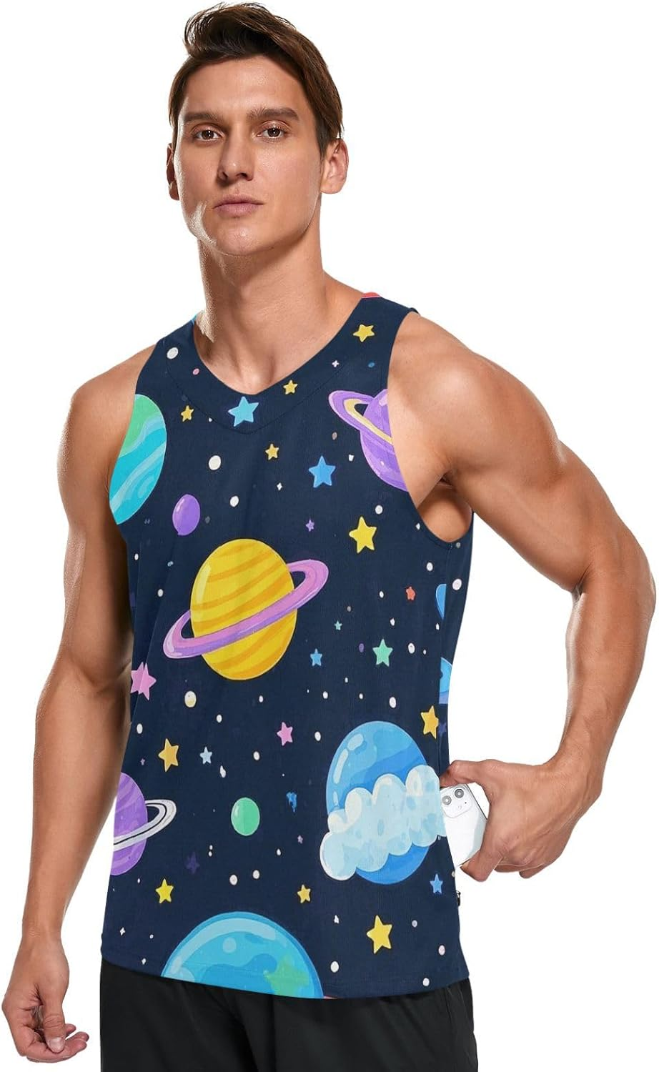 Amooorous Cartoon Cute Colorful Planet Dry Fit Tank Top for Men Men'S Club Sleeveless T-Shirt Lightweight Summer Sportswear image number 6