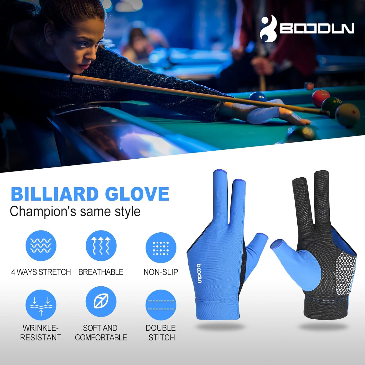 YFY Billiards Glove 3 Finger Pool Glove for Left Hand, Durable Double Stitched, Snooker Cue Sport Glove Popular Sizes for Men & Women image number 5