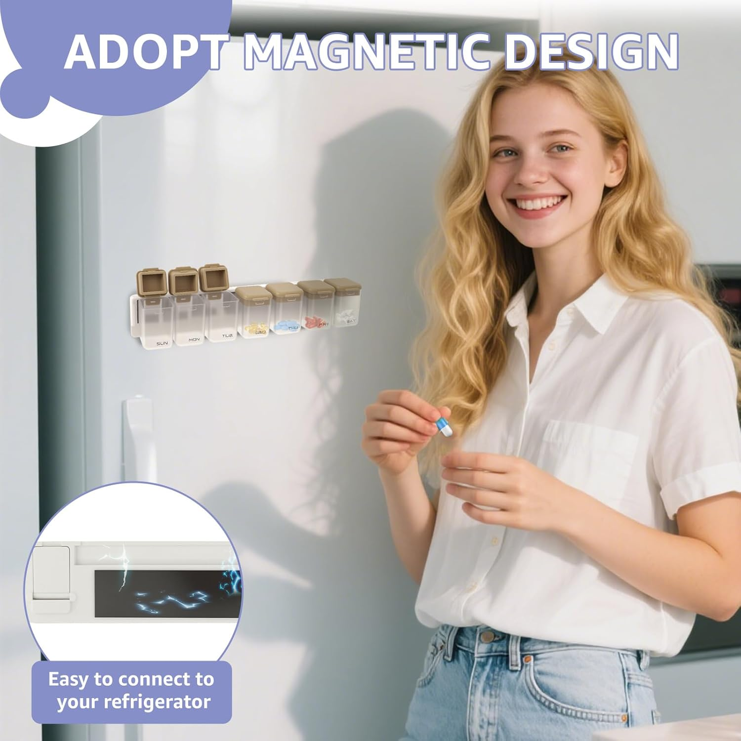 Weekly Pill Organizer with Sealed Lid, Magnetic Weekly Pill Dispenser Box for Fridge, Plastic Removable Large Capacity Pill Case for Supplement Vitamins Fish Oil (Grey) image number 3