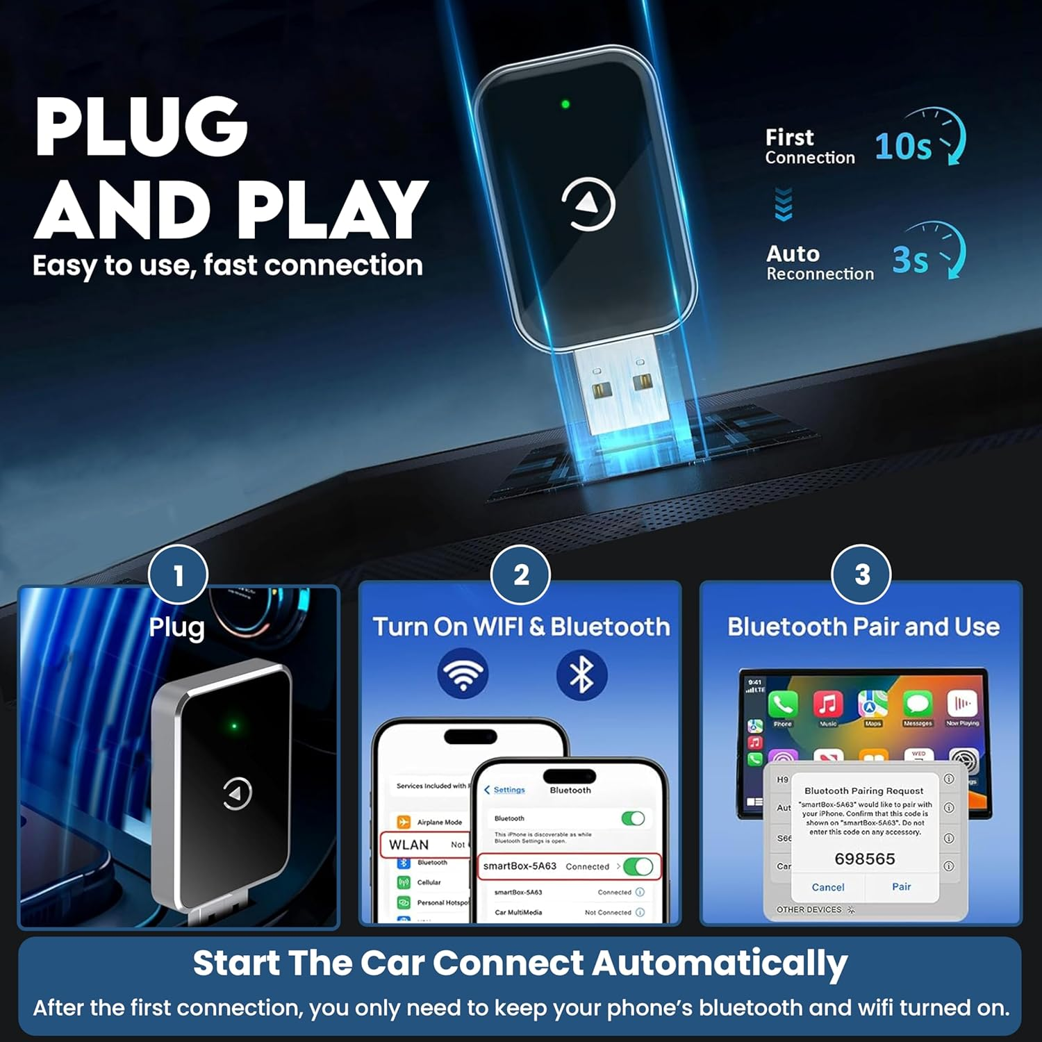 Wireless Carplay Adapter 2025 Upgrade, Converts Wired Carplay to Wireless for Iphone, Plug & Play, Fast & Stable Connection, Mini USB/USB-C Design, Compatible with Cars after 2016 (Ios Only) image number 2