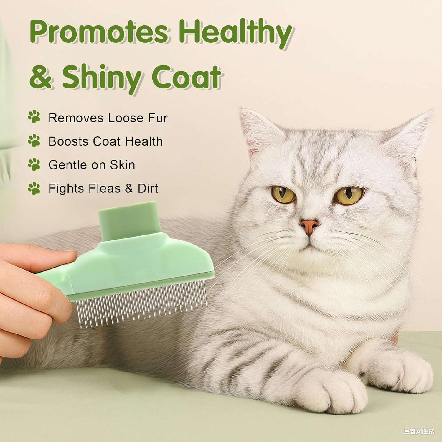 Cat Brush - Cat Brush with Release Button, Self-Cleaning Pet Hair Grooming Brush & Flea Comb for Cats and Dogs - for Long and Short Hair Care, Removes Undercoat & Loose Hair (Green) image number 6