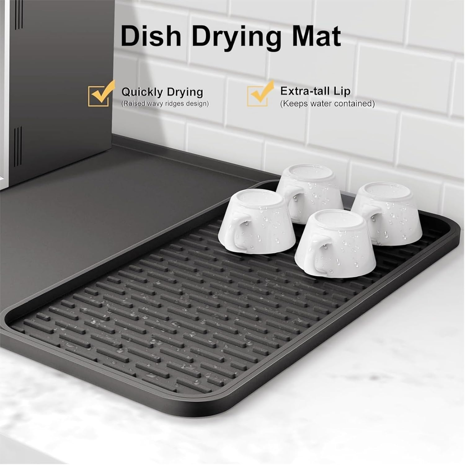 Silicone Coffee Mat with Detachable Dish Drying Mat for Kitchen Countertops, Coffee Bar, Accessories Fit under Coffee Maker Machine Coffee Pot Espresso Machine Dish Rack (Black, A)