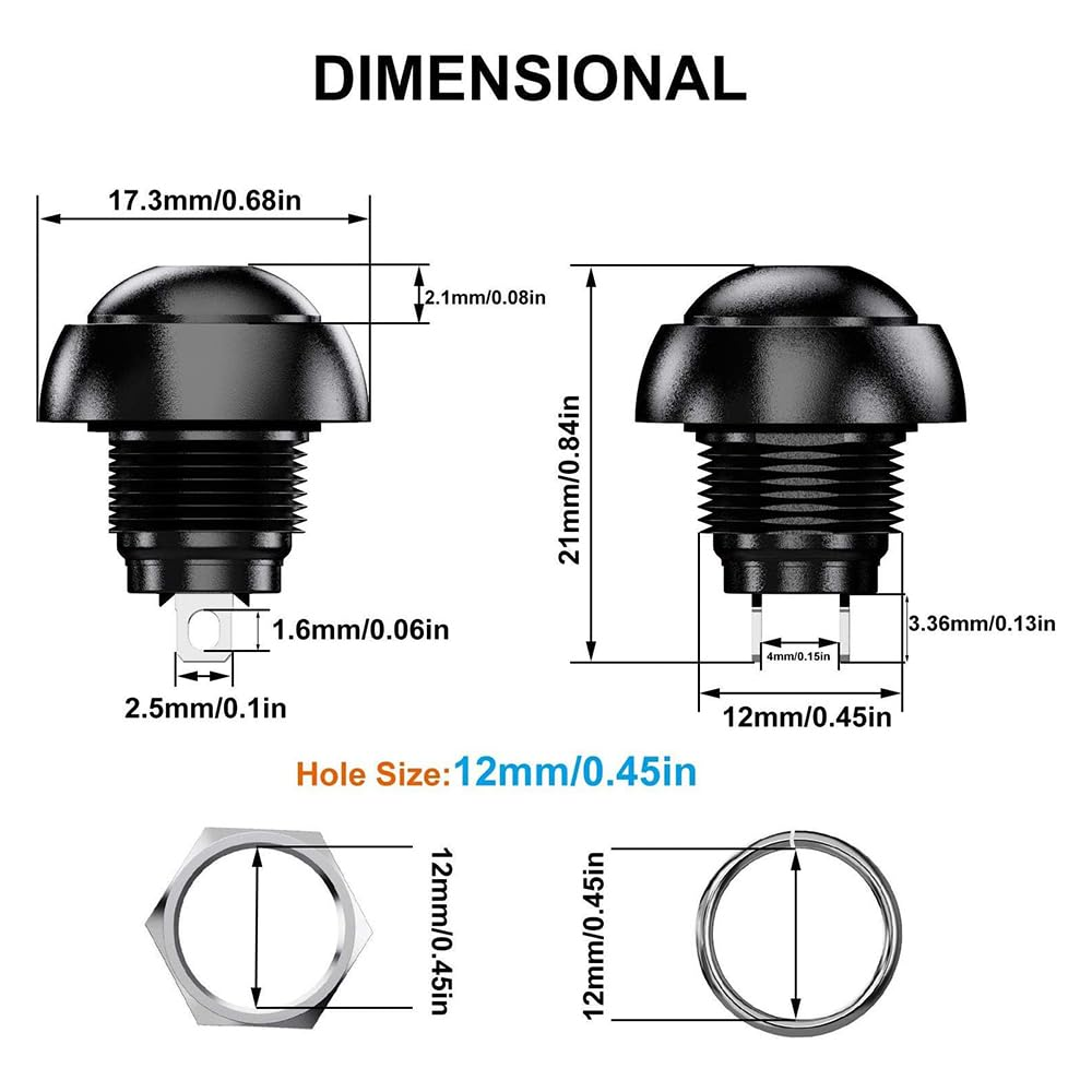 12Pcs PBS-33B 12Mm round Push Button Momentary Switch - SPST Waterproof Mini Switch 1A 250VAC Normally Open (NO) image number 2
