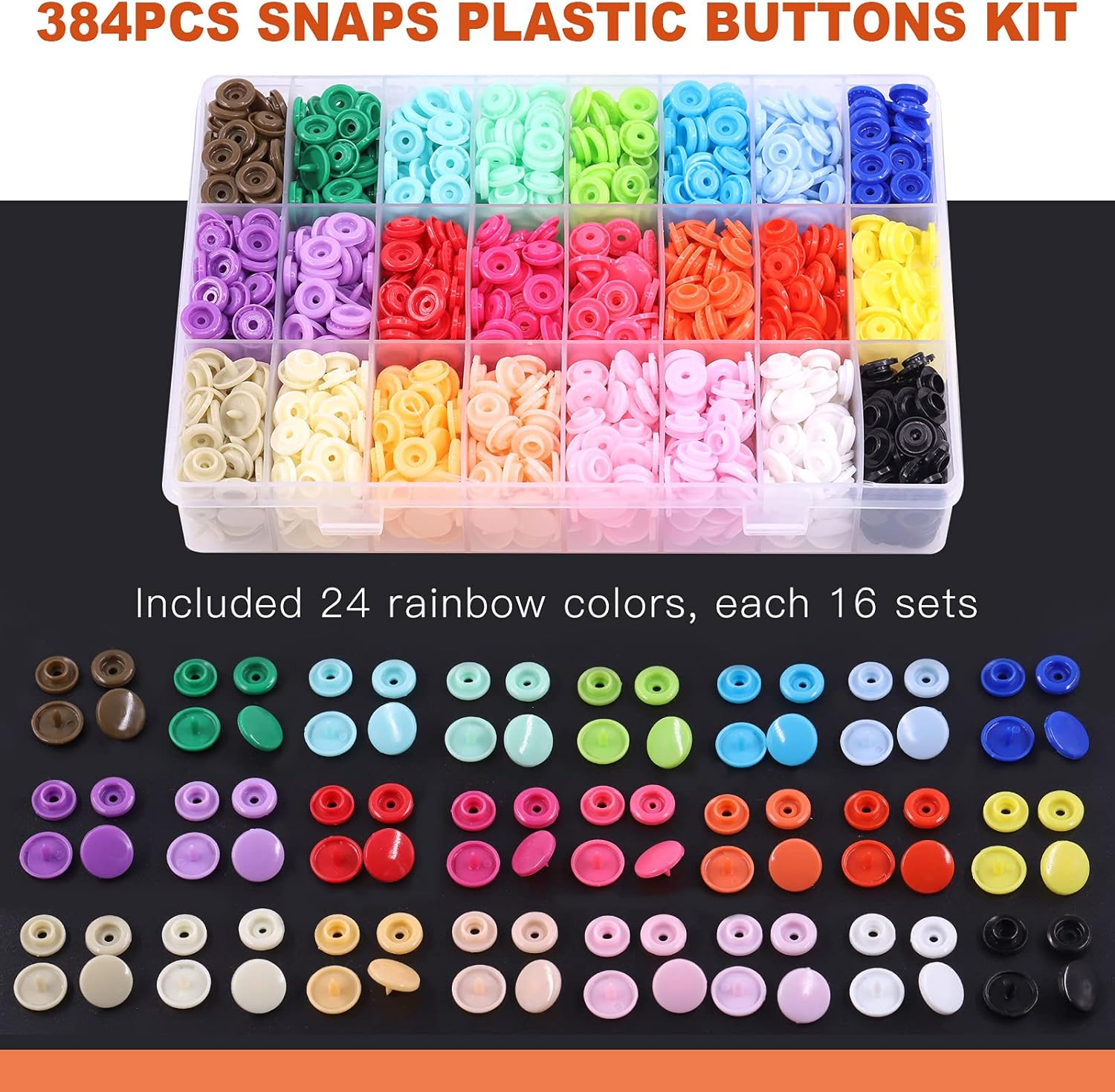 Tanstic 405Pcs Snaps Plastic Buttons with Pink Color Snaps Pliers Set 384Pcs 24 Colors T5 Plastic Snaps with Hand Tools and Sewing Clips for Clothes Sewing, Bibs, Rain Coat Crafting