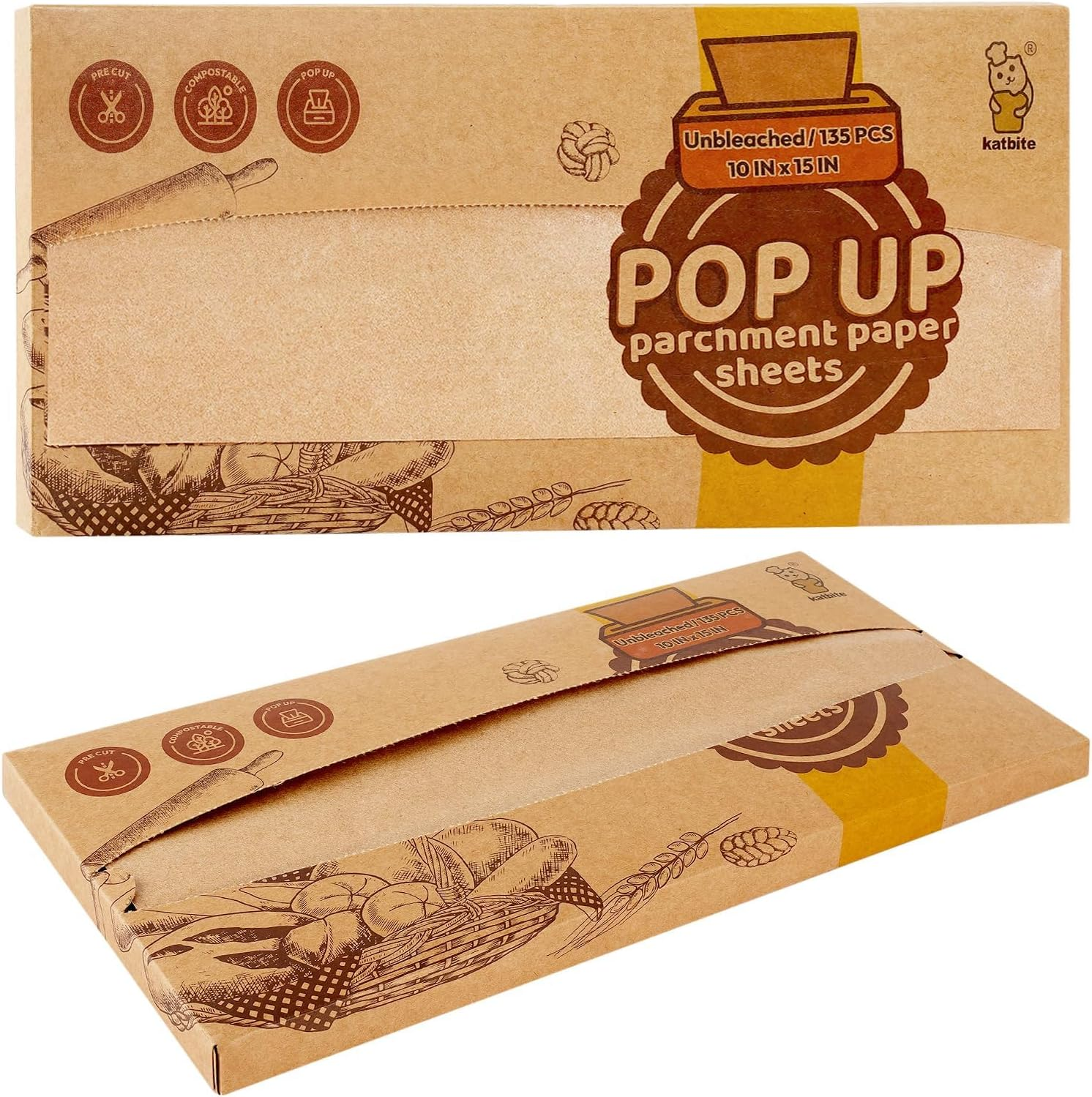 Katbite 135Pcs 45 GSM Pop-Up Parchment Paper Sheets, Heavy Duty & Non-Stick,10X15 in Pre-Cut Unbleached Parchment Paper for Baking, Pop-Up Paper Dispenser for Cooking Wrapping Space-Saving image number 3