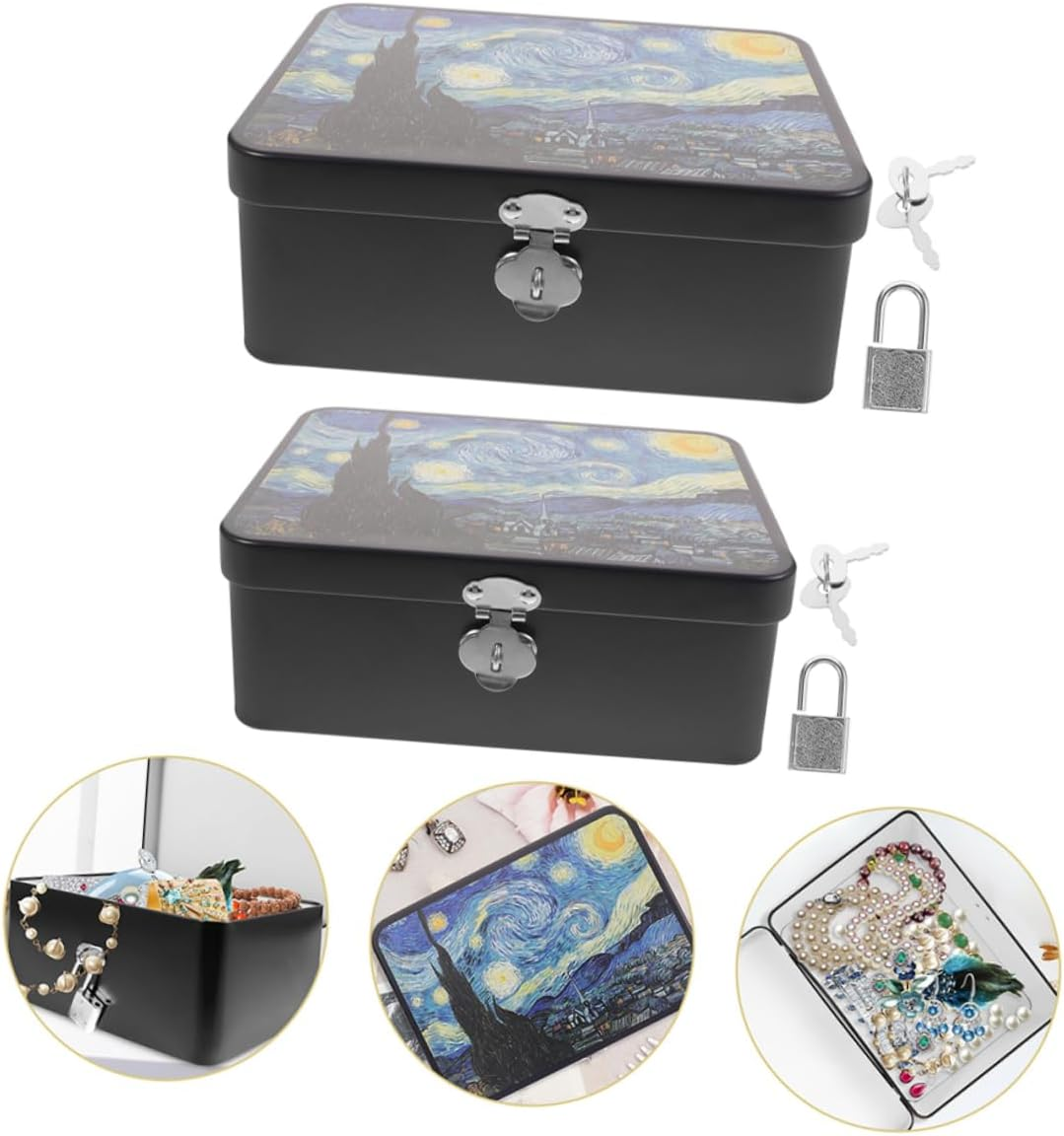 2Pcs Retro Storage Box Vintage Tinplate Box Lock Desk Organizer for Items Multipurpose Storage Case for Toy as Treasure Lock image number 4