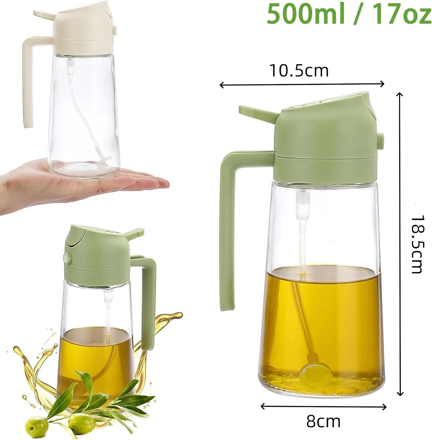2 Pack Olive Oil Sprayer 2 in 1 Glass Bottle Dispenser 17Oz/500Ml Oil Mister with Premium Nozzle Pour and Spray for Kitchen Cooking Air Fryer, BBQ image number 2