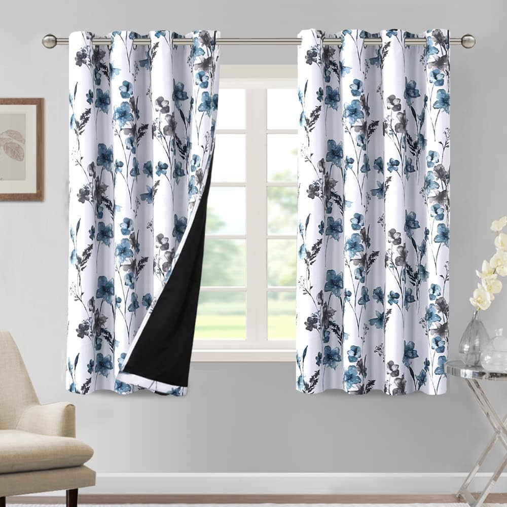 Princedeco 100% Blackout Curtains 2 Panels Set Cattleya Floral Printed Drapes Leah Floral Thermal Curtains for Bedroom with Black Liner Sound Proof Curtains,Grey and Yellow W132Cm X D213Cm