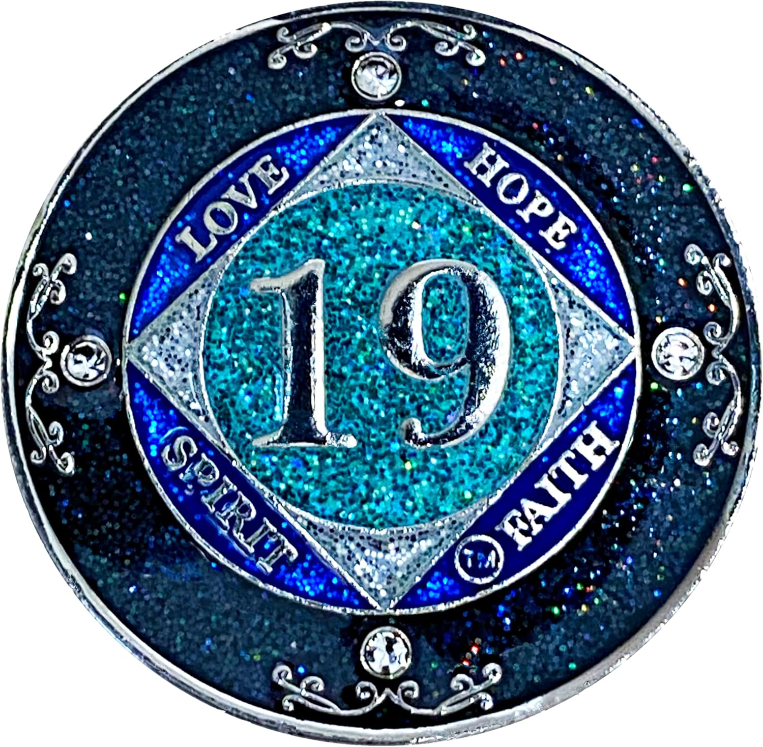 (Years 1-50) NA 40 Year Crystals and Glitter Medallion, Silver Color Plated Coin, Black Rainbow, Blue Glitter and Four Clear Crystals, Epoxy Covered (NA 40 Year Glitter & Crystals Medallion) image number 5