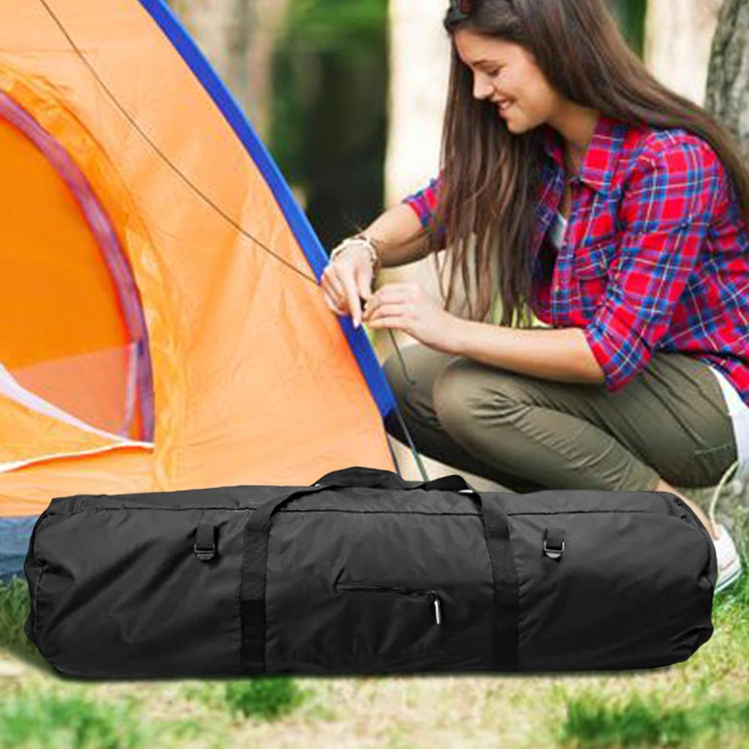 Duffel Travel Sports Equipment Bag - Multi-Functional Travel Tent Bag - Portable Zippered Tent Bag Foldable with Double Handle Design for Tent Bags Gear Bags - Black image number 5