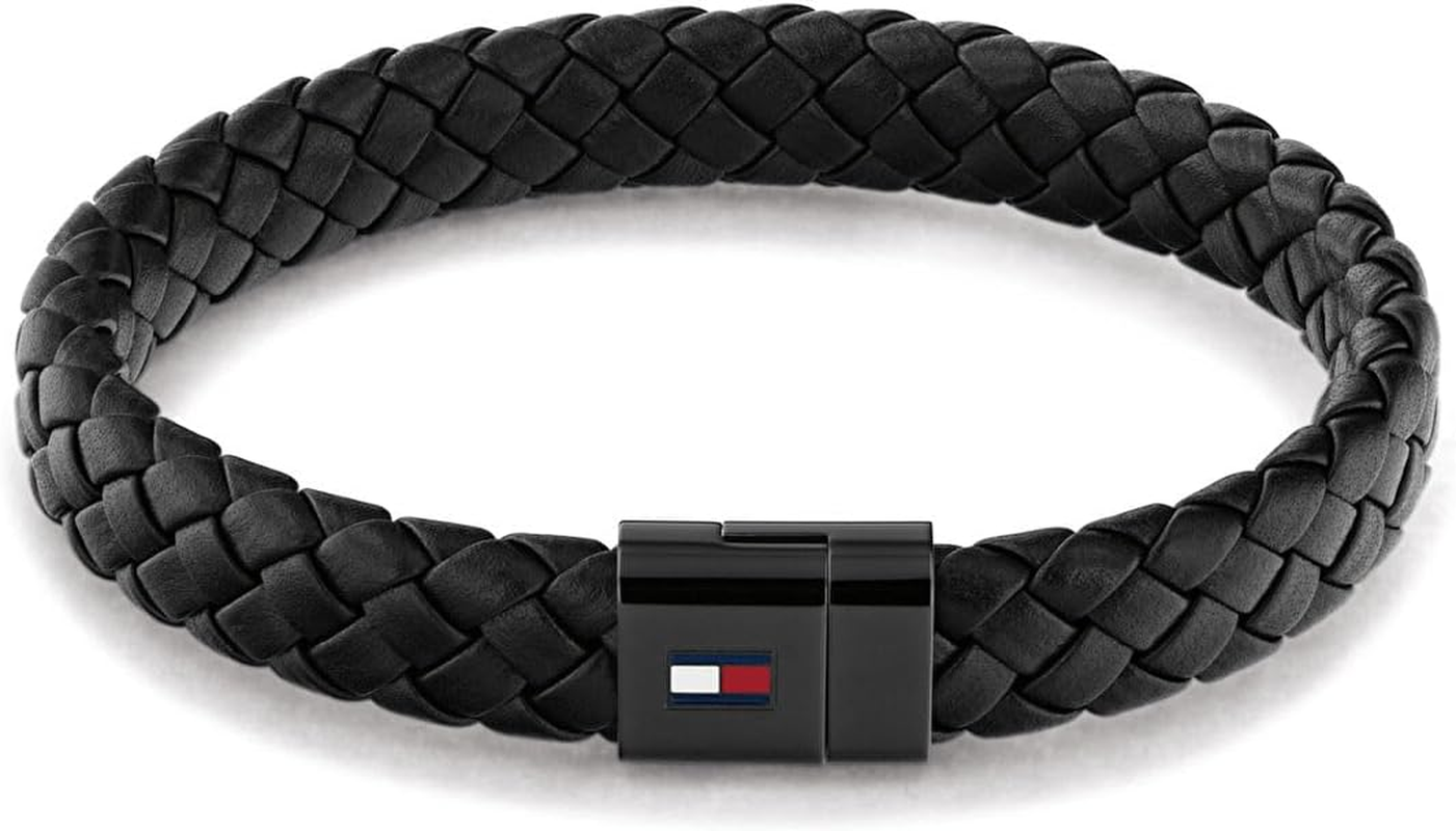 Tommy Hilfiger Men'S Jewelry round Braided Leather Bracelet, Standard, Stainless Steel, No Gemstone