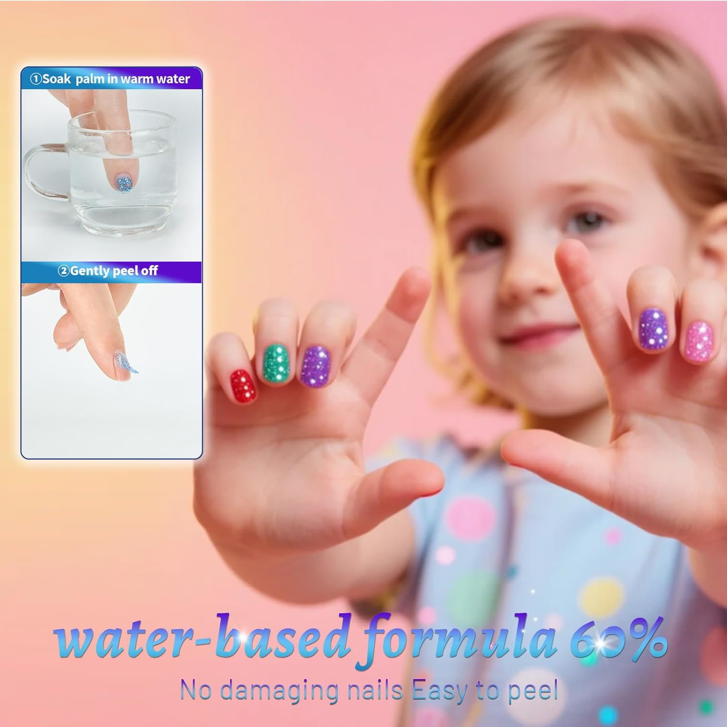 Aieenjor Quick Dry Kids Nail Polish Set, Glitter Non-Toxic Fingernail Polish for Toddler, Water-Based Peelable Nail Polish for Kids, 6 Color Rainbow for Kid Ages 3+ image number 4