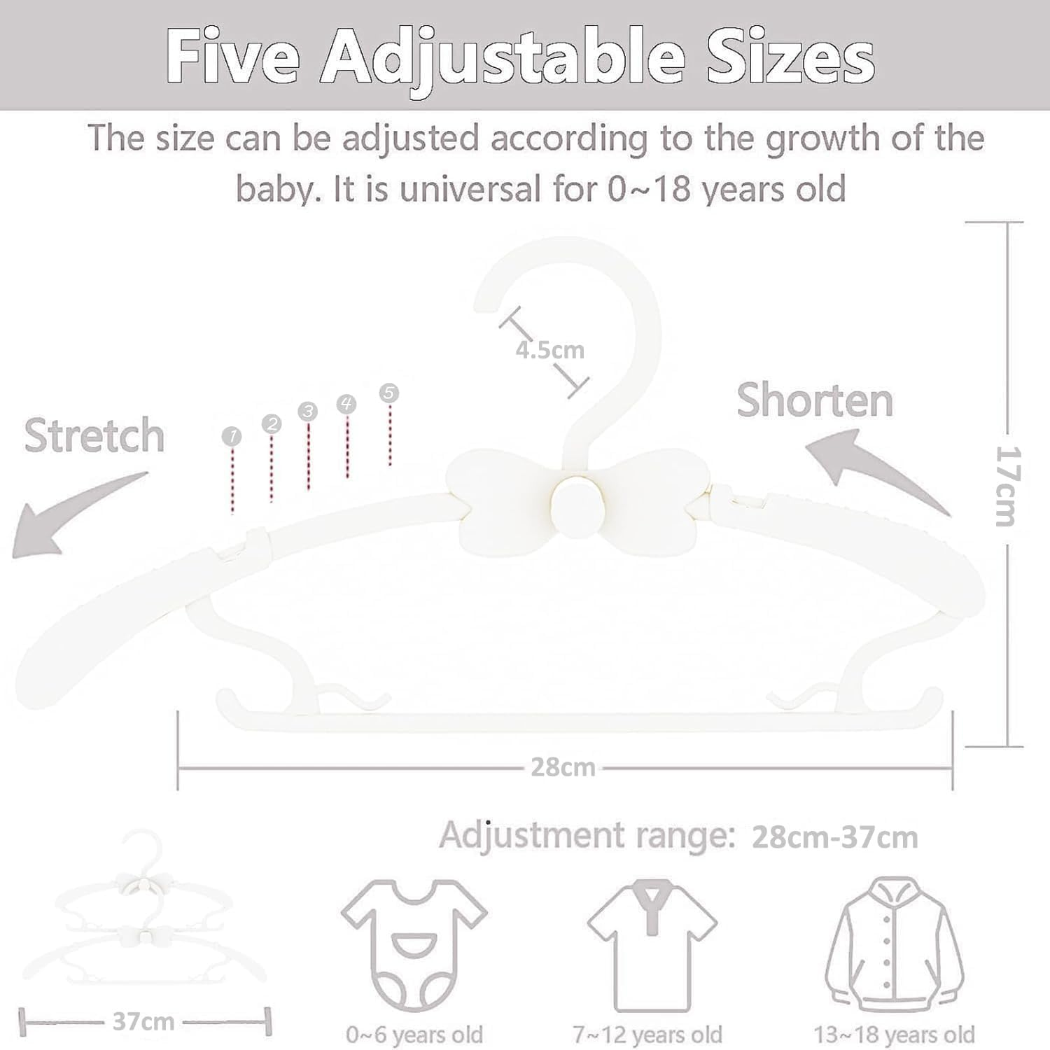 Baby Hangers for Closet 20Pcs, White Kids Coat Hangers Plastic, 28-36Cm Adjustable Toddler Hangers with Bow Hook, Non-Slip Childrens Hangers for Girl Boy Toddler Children Newborn Clothes image number 6