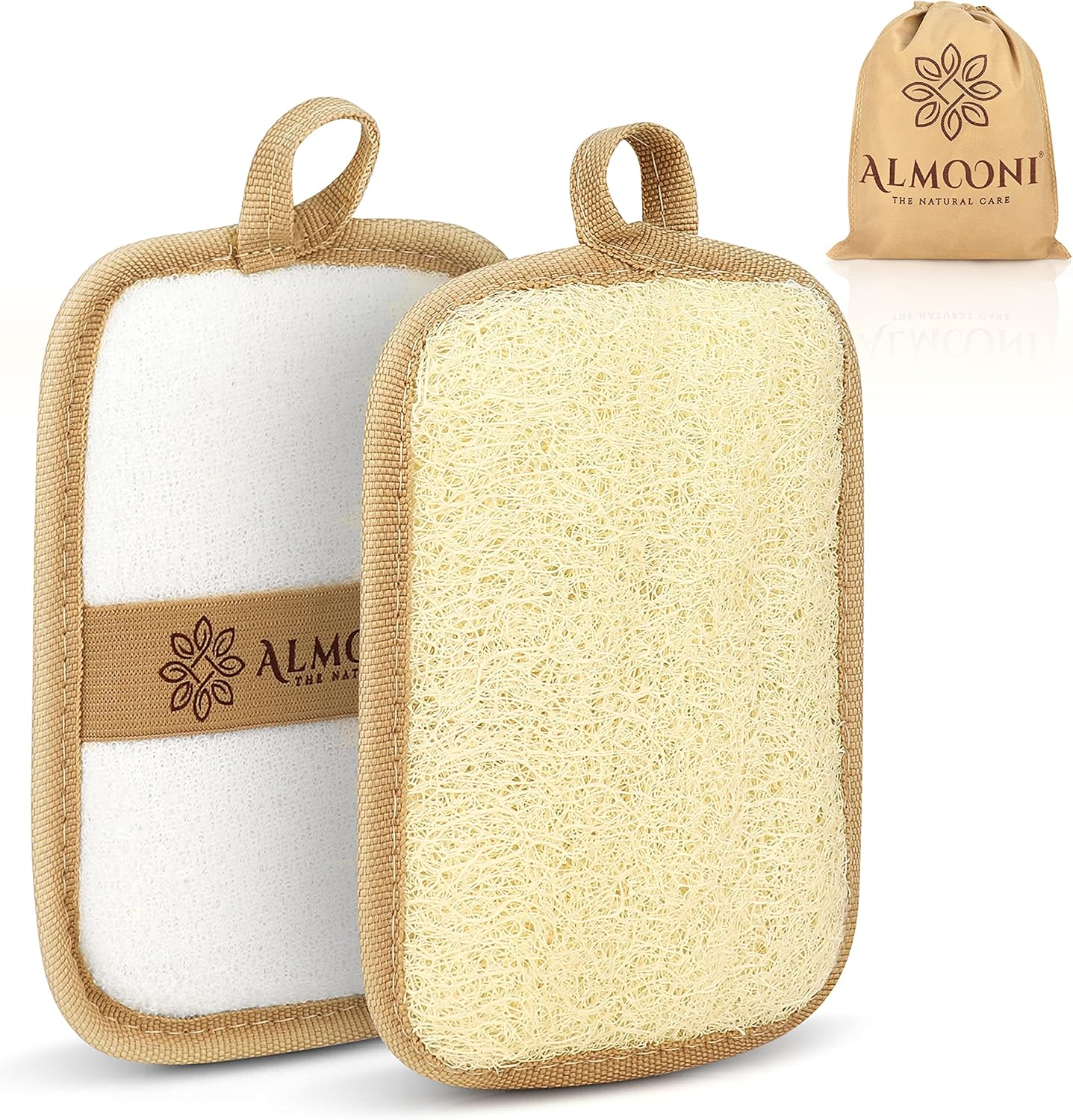 Almooni Premium Egyptian Exfoliating Loofah Pad Body Scrubber - Rectangular Loofa Shape - Made with Natural Egyptian Shower Lufa Sponge That Gets You Clean, Not Just Spreading Soap (2 Pack) image number 3