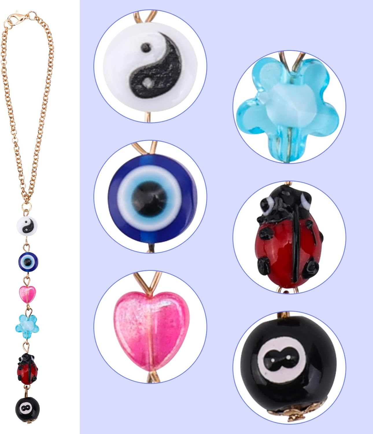 Gosknor Evil Eye Car Hanging Ornament, Multicolored Acrylic & Zinc Alloy, 20.5Cm/8.07In, Automotive inside Mirrors, Elegant Boho Beaded Lanyard Pendent Decoration image number 1