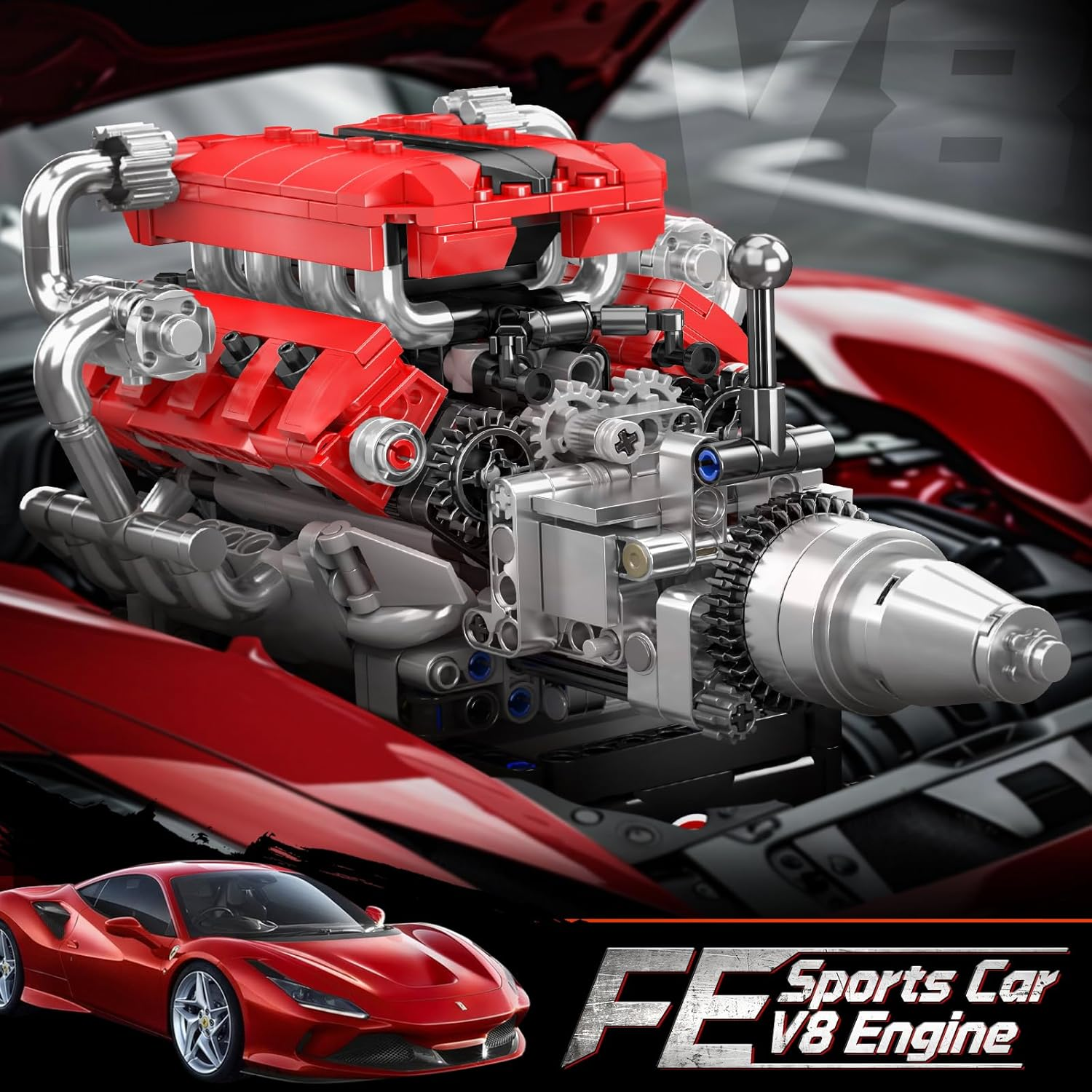 Mould King 10204 V8 Engine Building Blocks Sets, V8 Engine Model Kit That Run, Build Your Own STEM Model Mini Engine, 8-Cylinder FE Car Engine Building Engineering Toys for Kids/Adults(750+Pcs)