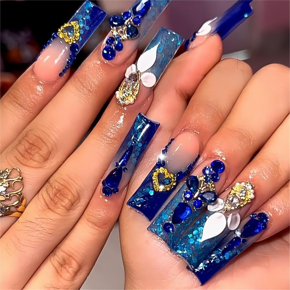 QQPPOLIU Royal Blue Press on Nails Long Square Acrylic False Nails with Rhinestones Designs 24Pcs