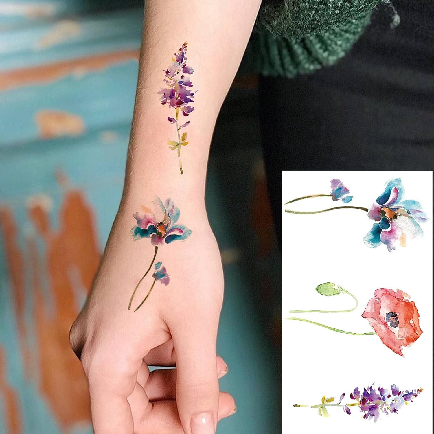 COKTAK 12Pieces/Lot 3D Watercolor Lavender Flower Temporary Tattoos for Women Body Art Arm Fake Flora Adults Tattoo Sheet Sticker Waterproof Girls Tatoos Paper image number 4