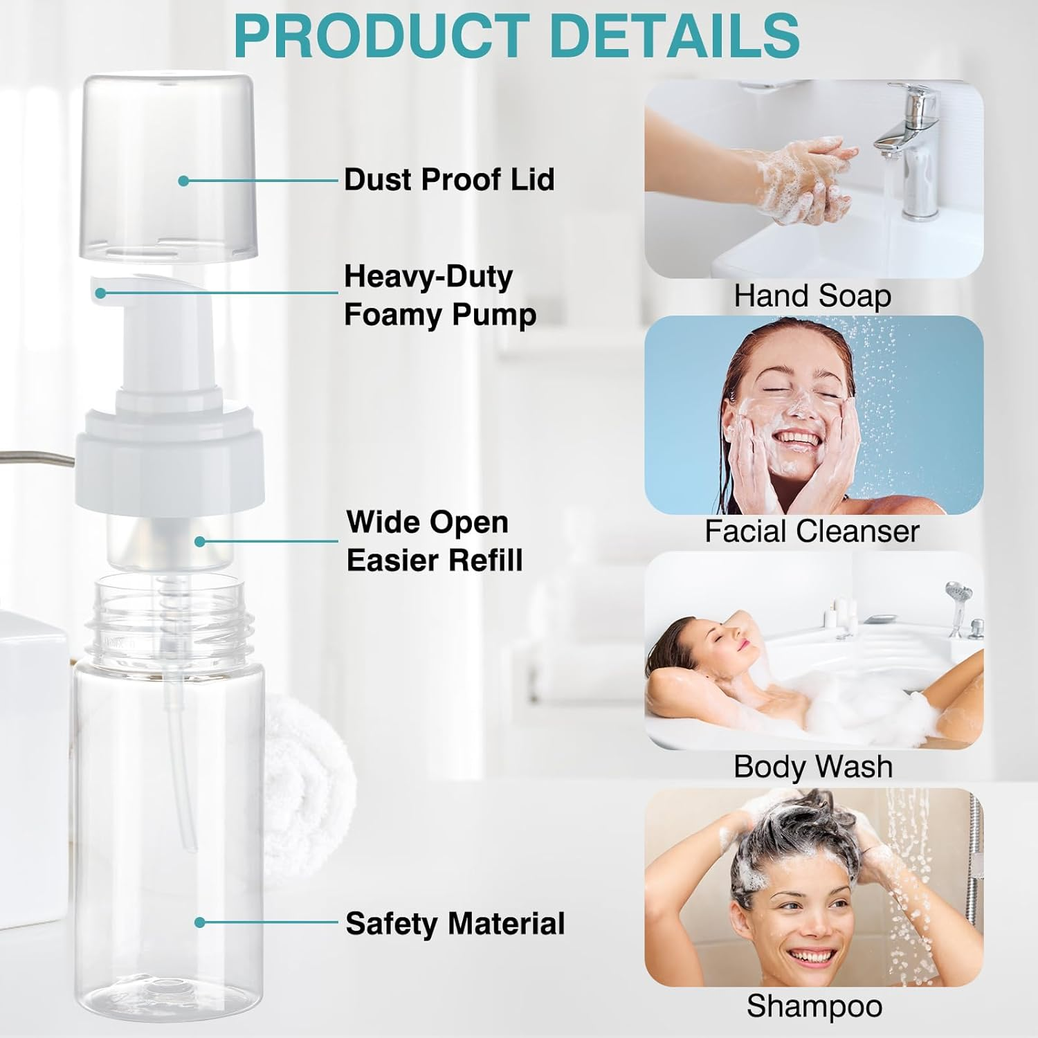 Boenoea Plastic Foam Pump Bottle, 4Oz/120Ml Foam Bottles Dispenser BPA Free Empty Refillable Container for Hand Soap, Shampoo - Pack of 2 Clear image number 3